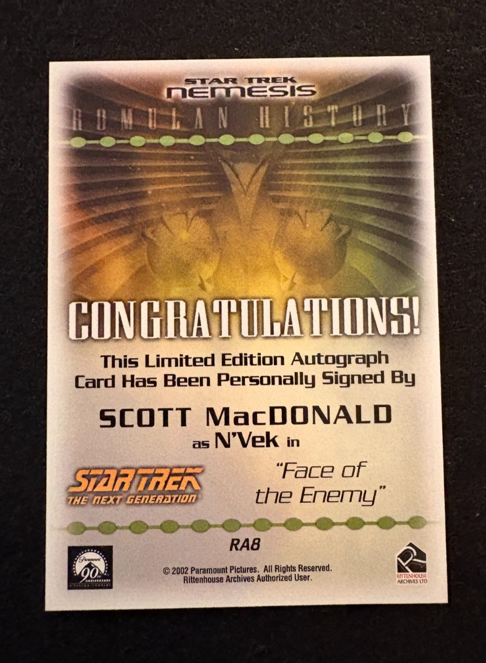 2002 Rittenhouse Star Trek Nemesis Scott MacDonald as N'Vek AUTO RA8