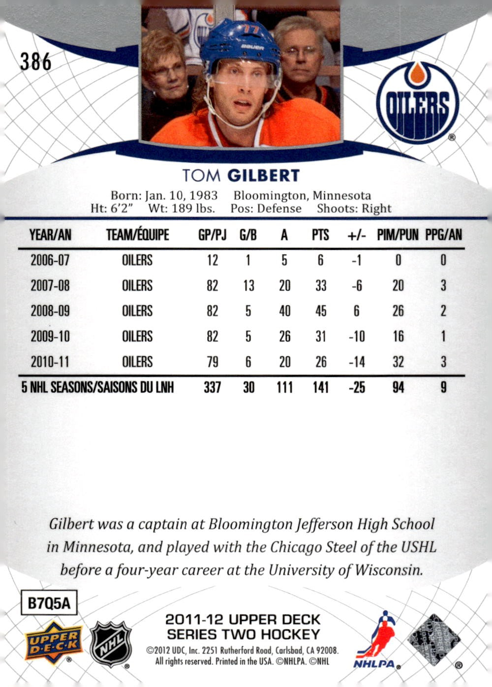 2011-12 Upper Deck #386 Tom Gilbert Hockey Edmonton Oilers