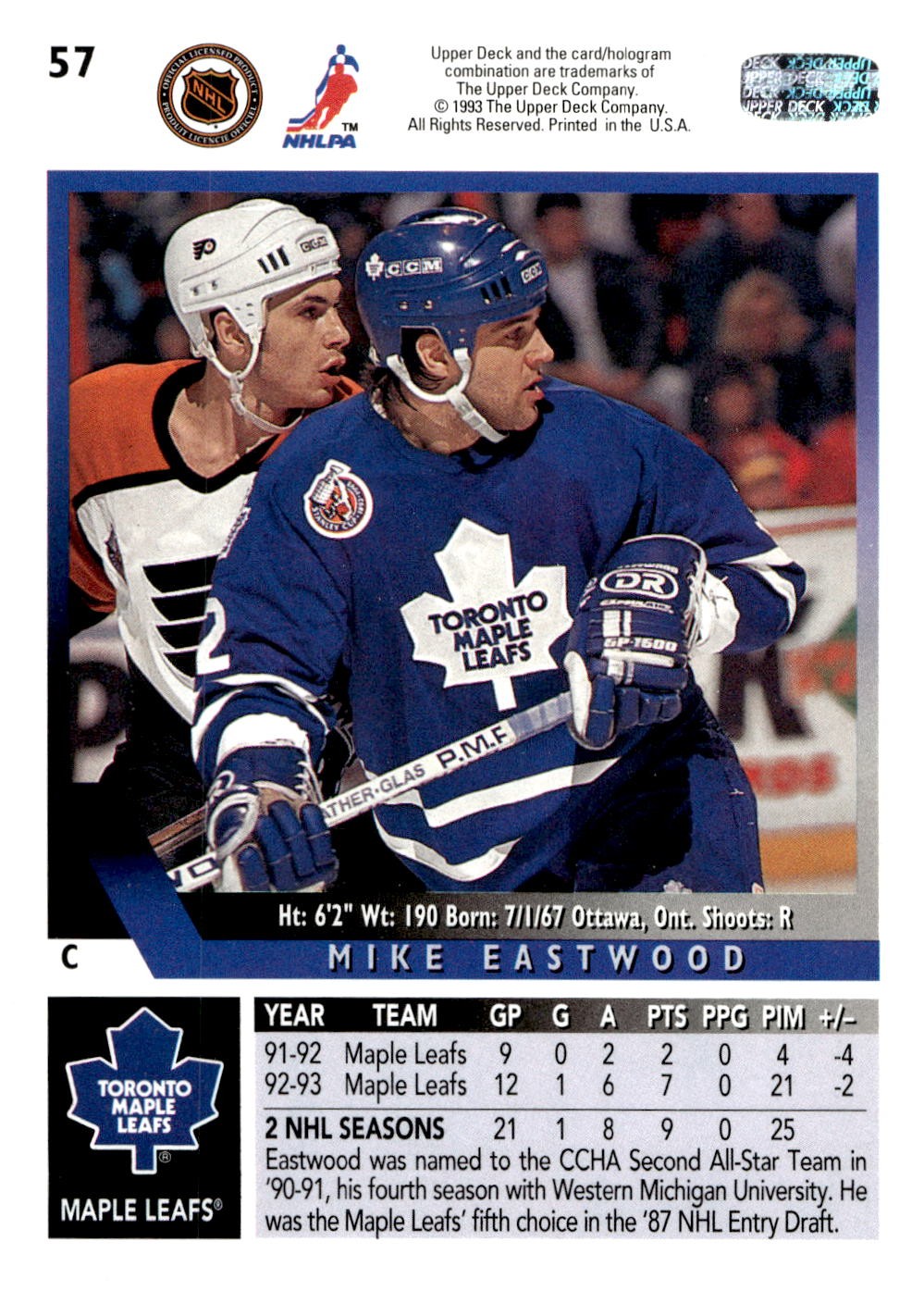 1993-94 Upper Deck #57 Mike Eastwood Hockey Toronto Maple Leafs