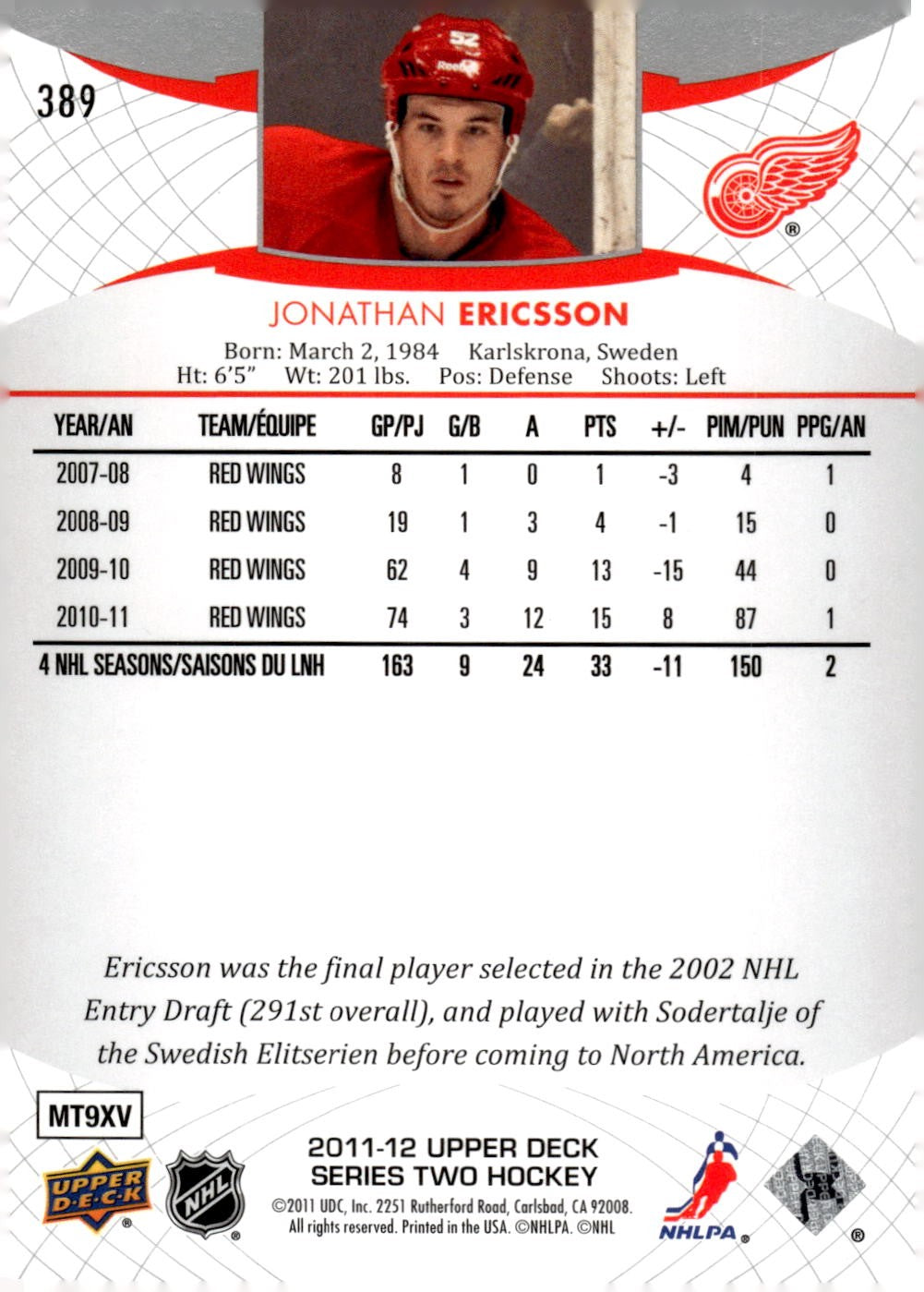 2011-12 Upper Deck #389 Jonathan Ericsson Hockey Detroit Red Wings