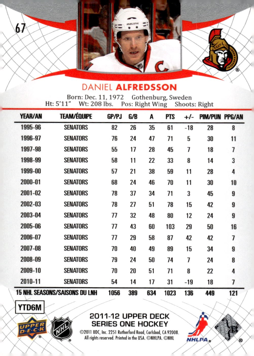 2011-12 Upper Deck #67 Daniel Alfredsson Hockey Ottawa Senators