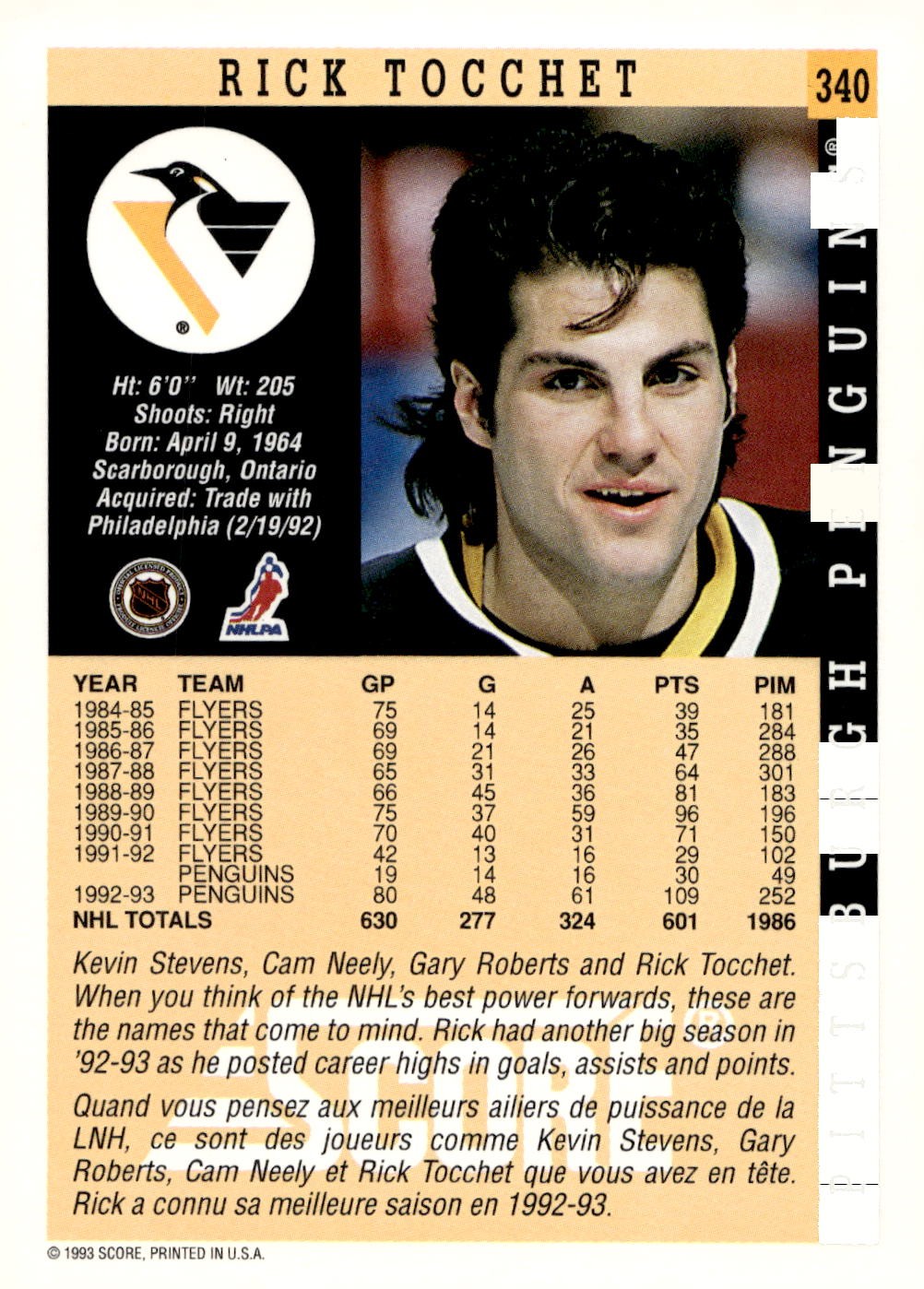 1993-94 Score Canadian #340 Rick Tocchet Hockey Pittsburgh Penguins