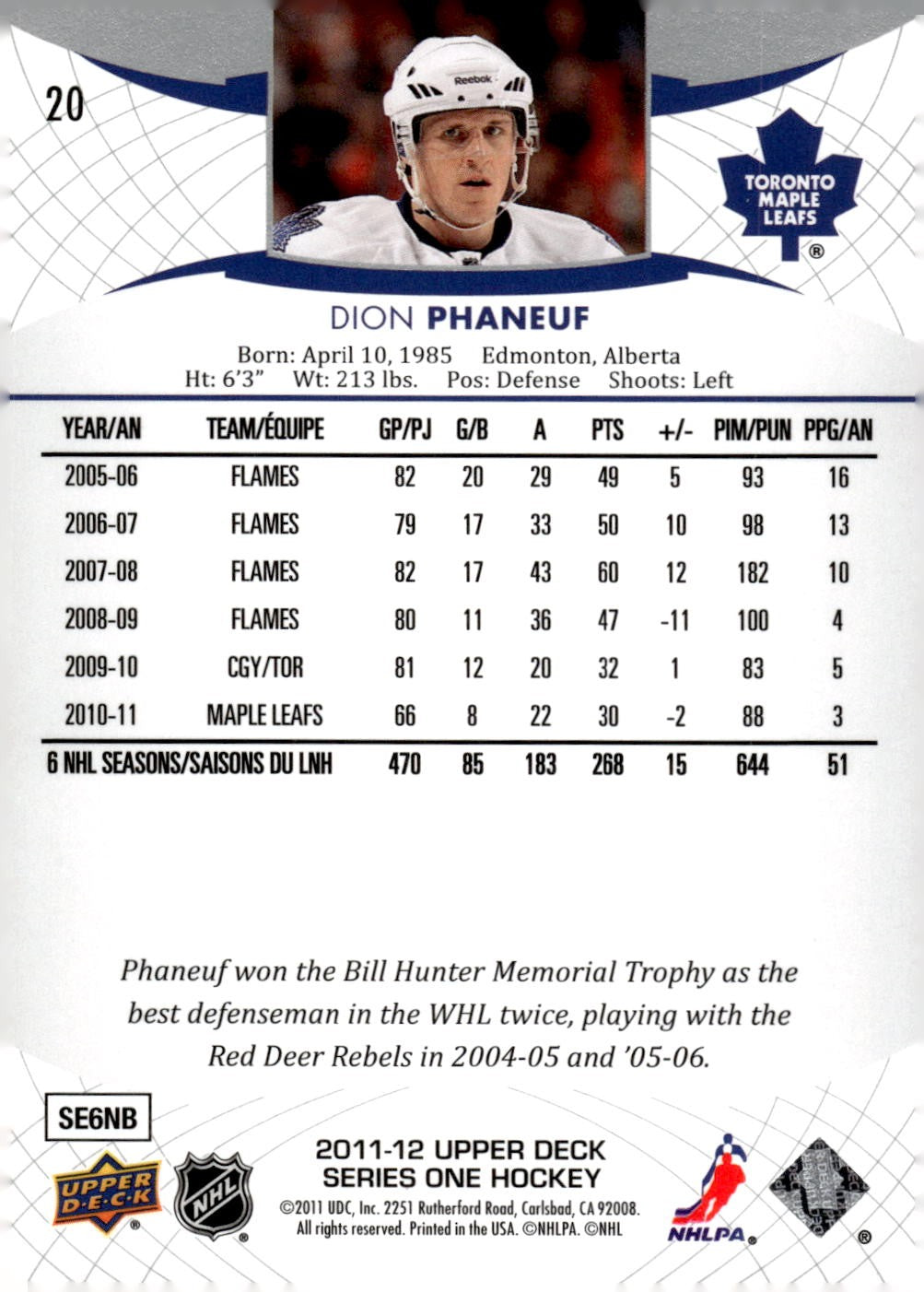 2011-12 Upper Deck #20 Dion Phaneuf Hockey Toronto Maple Leafs