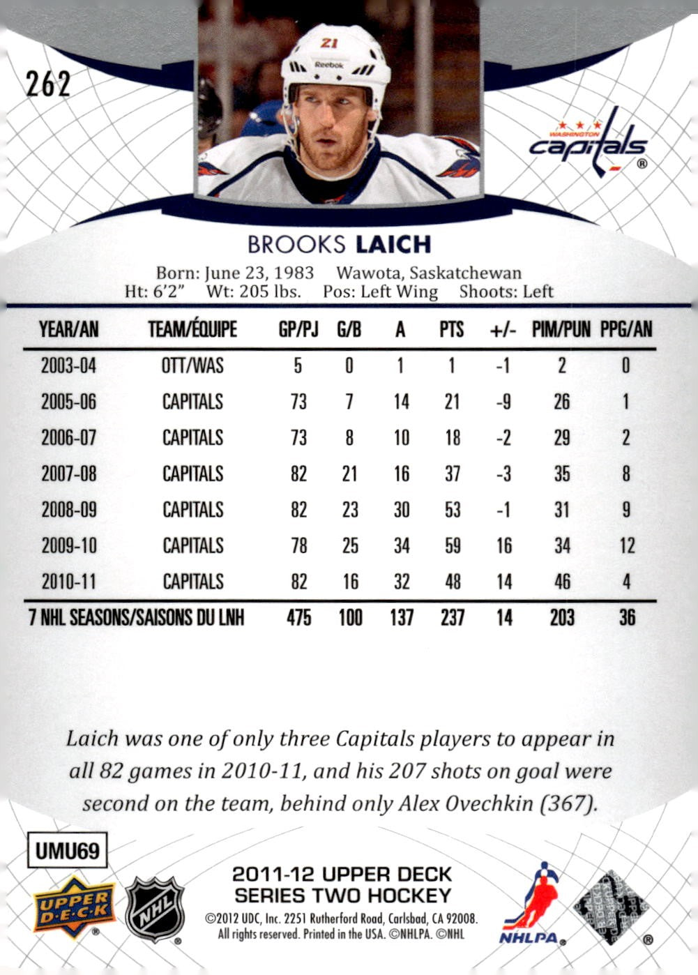 2011-12 Upper Deck #262 Brooks Laich Hockey Washington Capitals