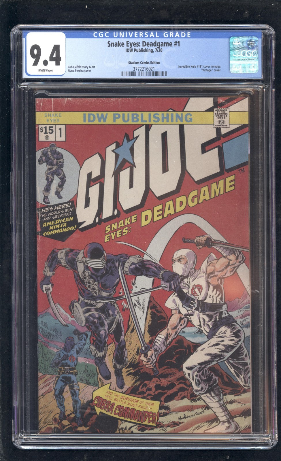 Snake Eyes: Deadgame #1 CGC 9.4 (2020) Stadium Hulk #181 Homage IDW Comics