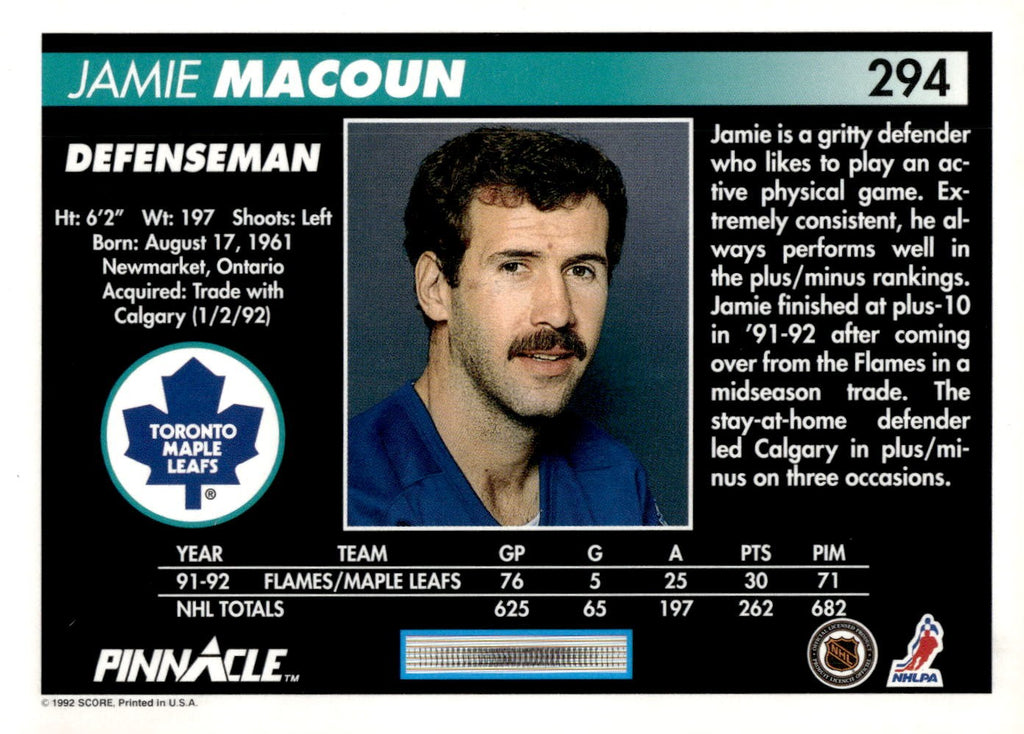 1992-93 Pinnacle #294 Jamie Macoun Hockey Toronto Maple Leafs