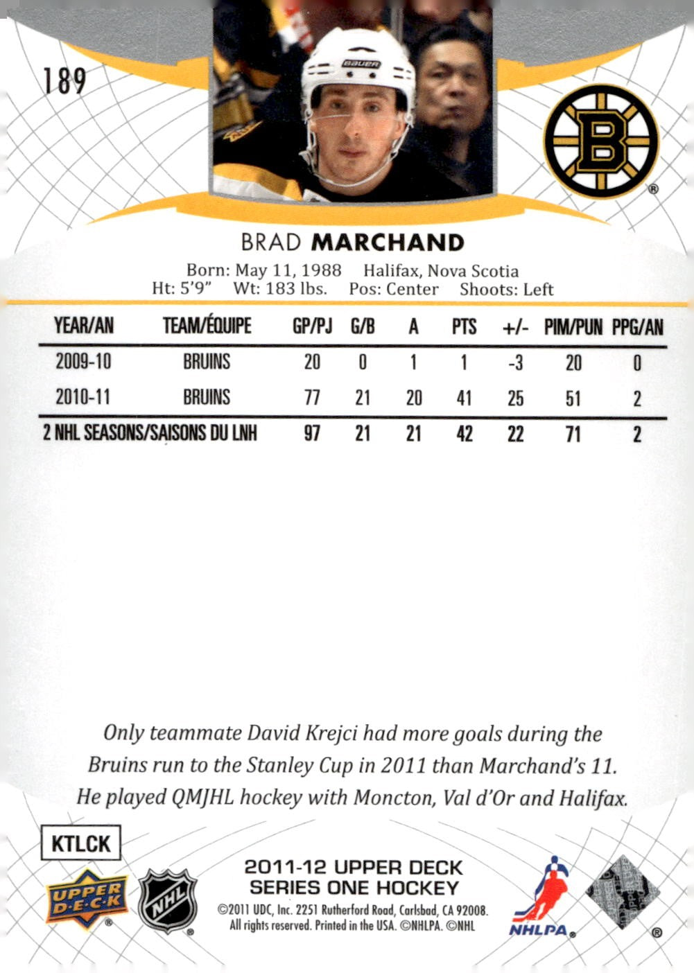 2011-12 Upper Deck #189 Brad Marchand Hockey Boston Bruins
