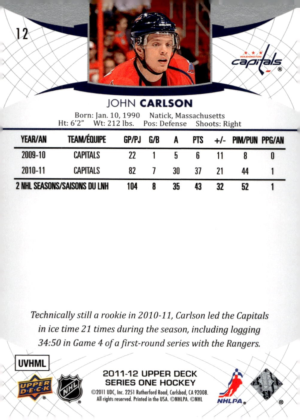 2011-12 Upper Deck #12 John Carlson Hockey Washington Capitals