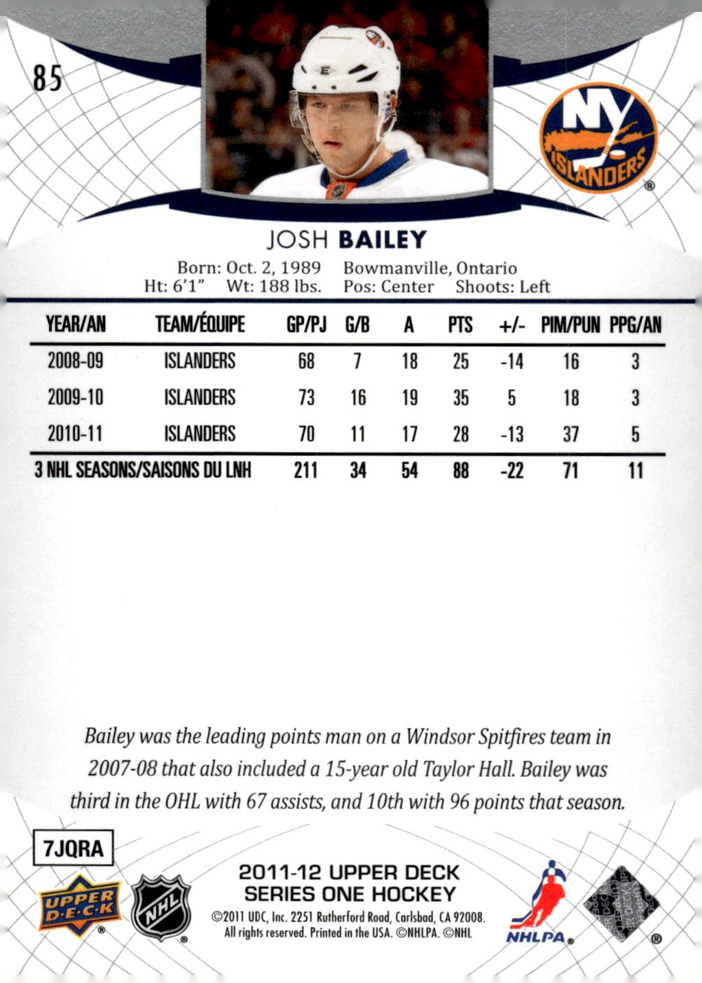2011-12 Upper Deck #85 Josh Bailey Hockey New York Islanders