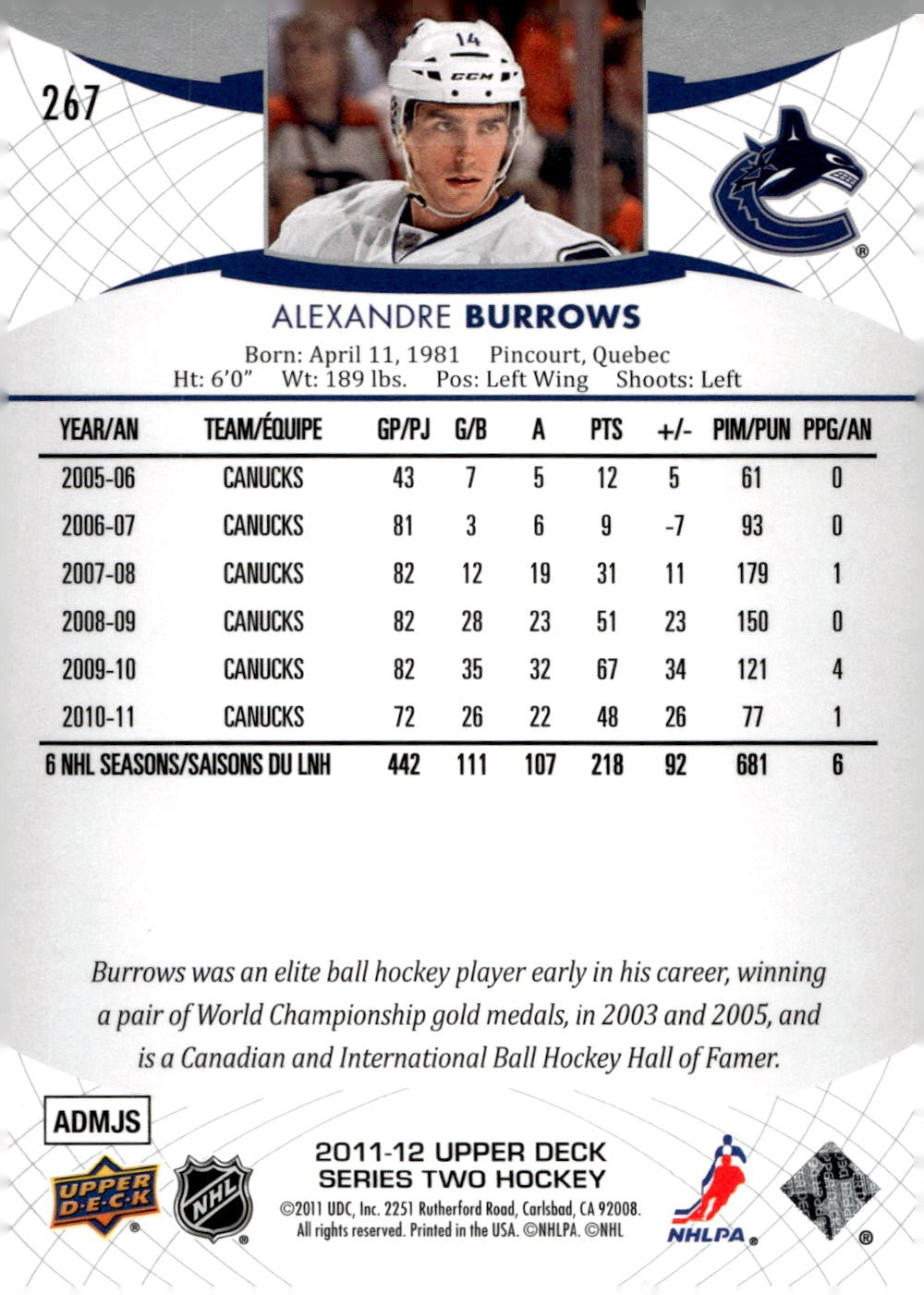 2011-12 Upper Deck #267 Alexandre Burrows Hockey Vancouver Canucks