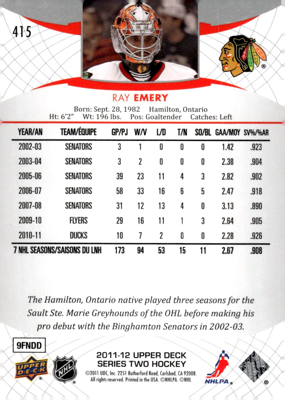 2011-12 Upper Deck #415 Ray Emery Hockey Chicago Blackhawks