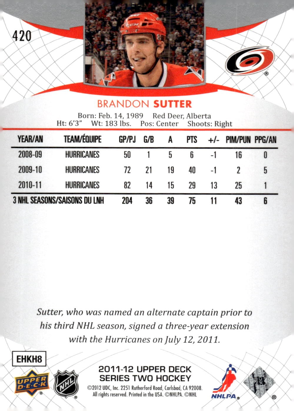 2011-12 Upper Deck #420 Brandon Sutter Hockey Carolina Hurricanes