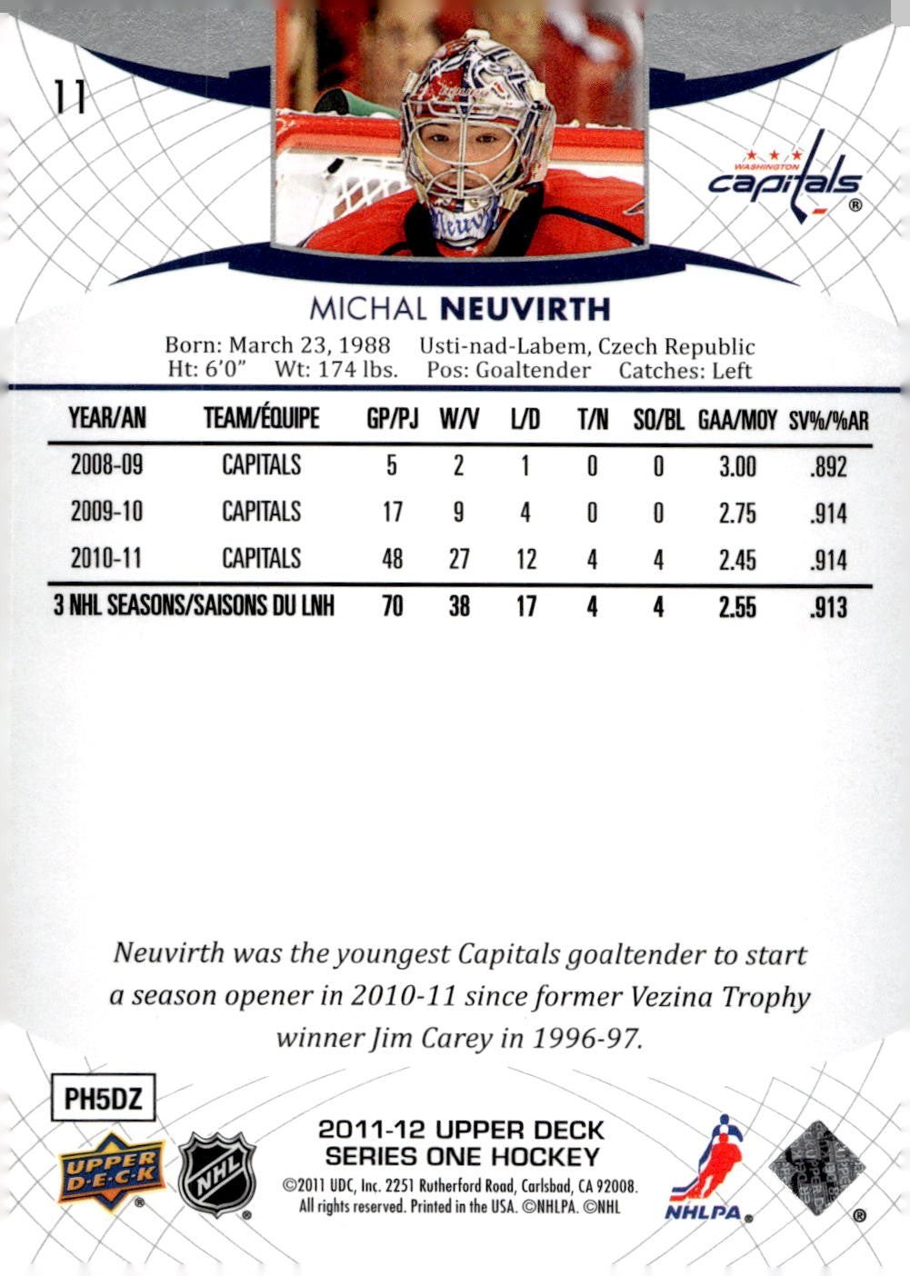 2011-12 Upper Deck #11 Michal Neuvirth Hockey Washington Capitals