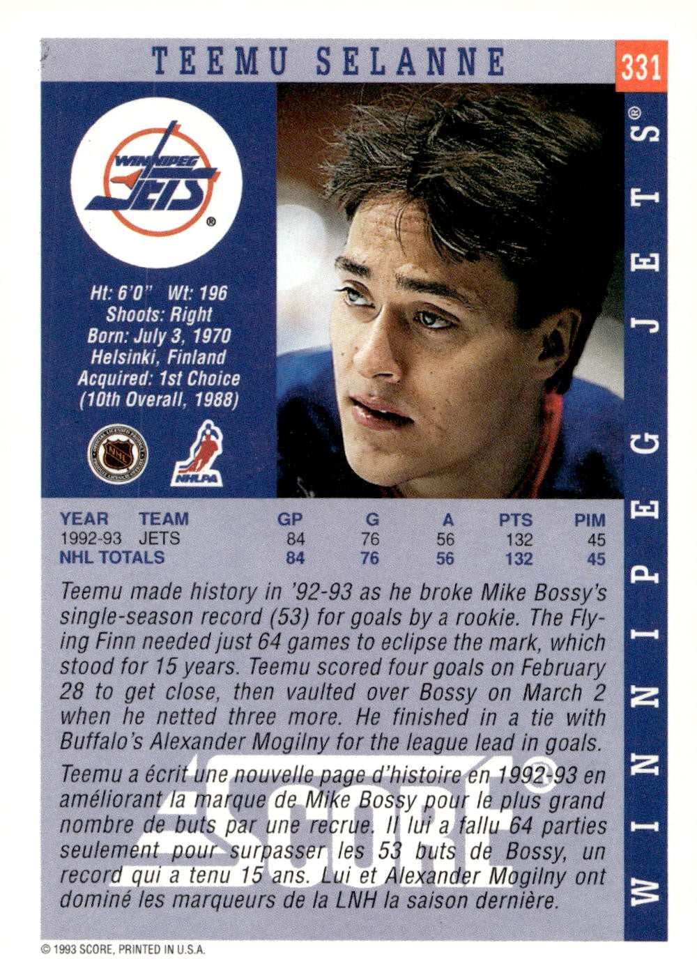 1993-94 Score #331 Teemu Selanne Hockey Winnipeg Jets