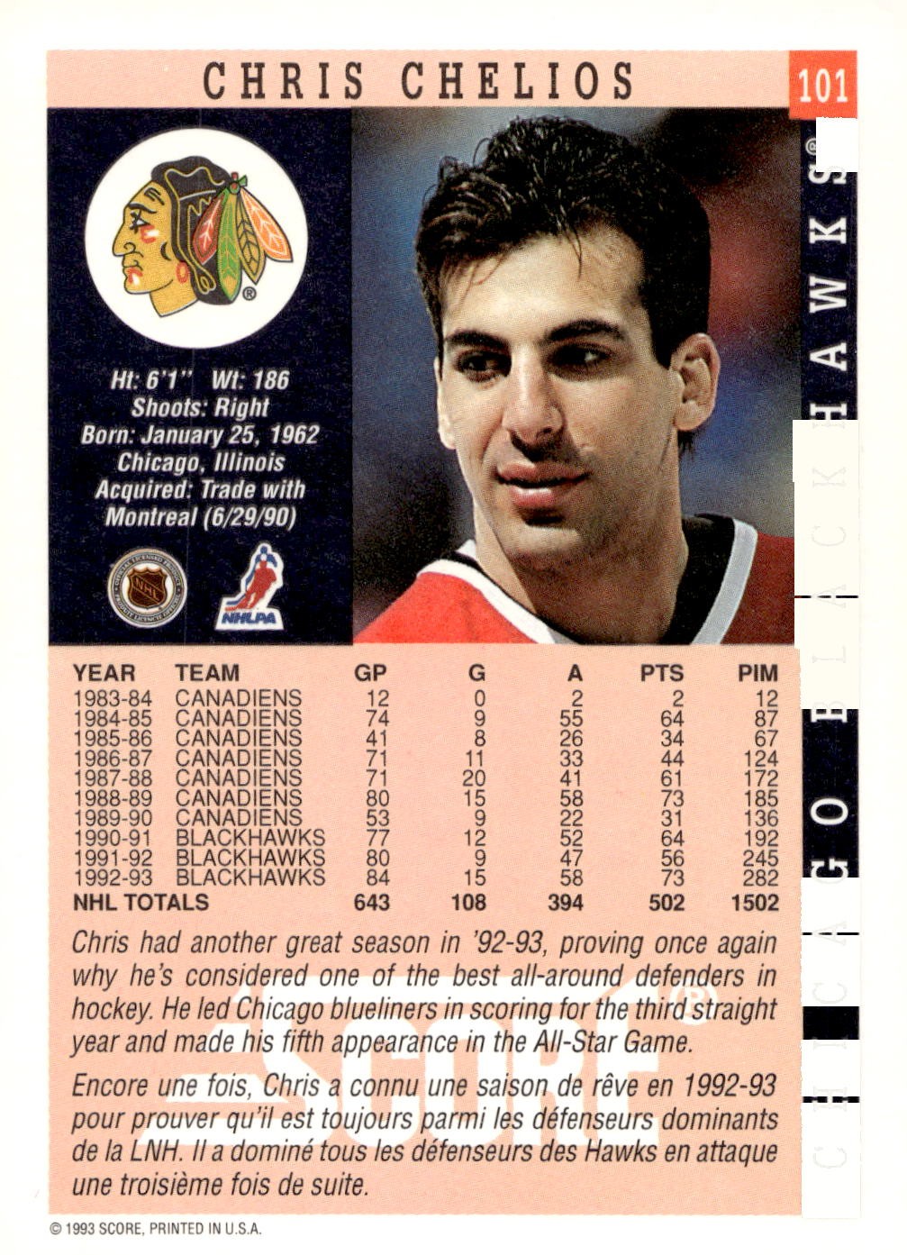 1993-94 Score #101 Chris Chelios Hockey Chicago Blackhawks