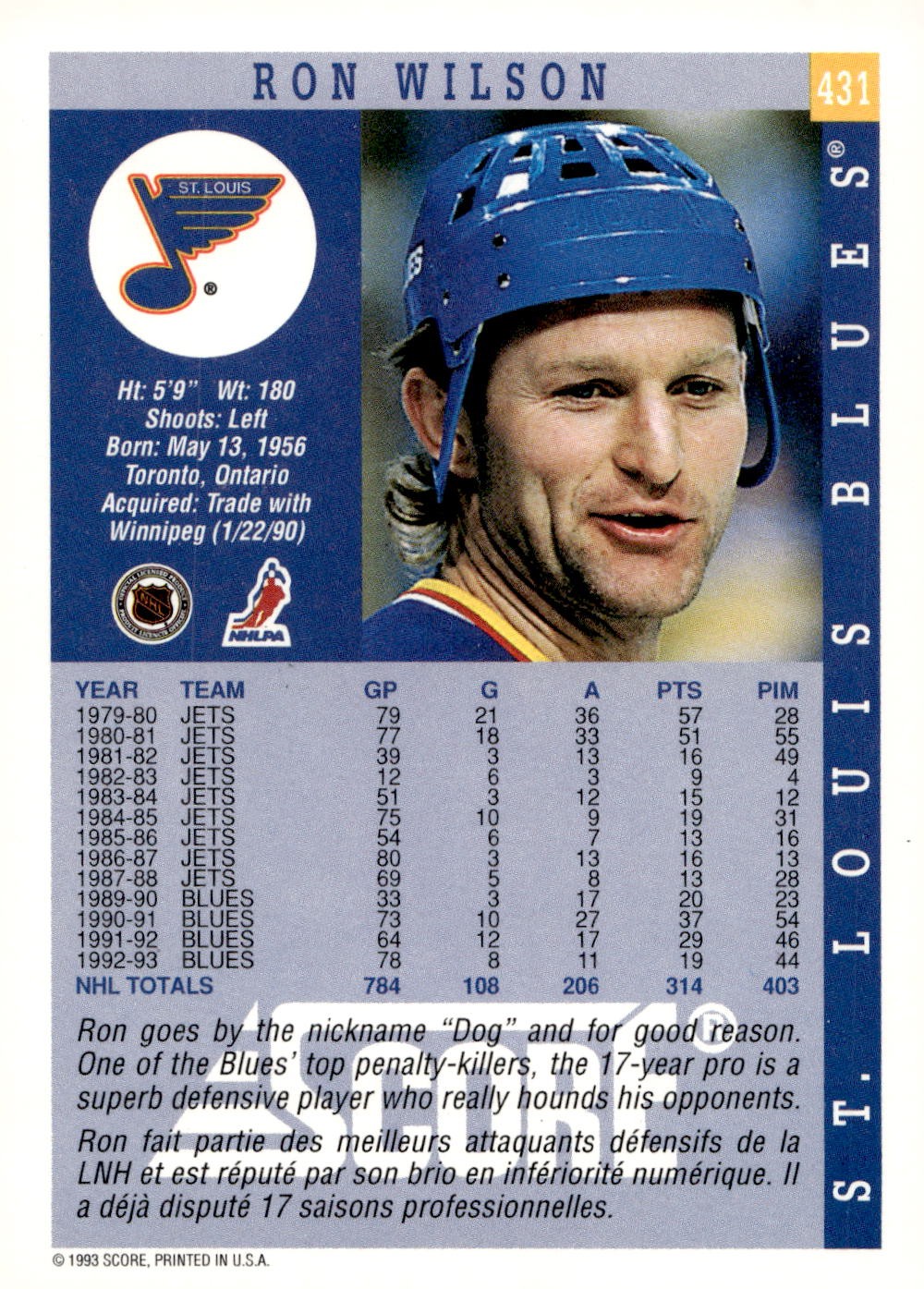 1993-94 Score #431 Ron Wilson Hockey St. Louis Blues
