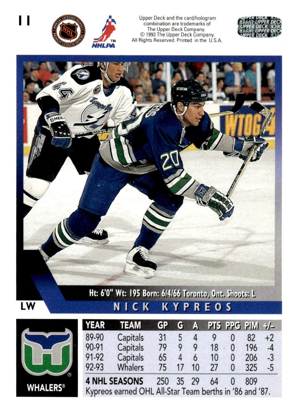 1993-94 Upper Deck #11 Nick Kypreos Hockey Hartford Whalers