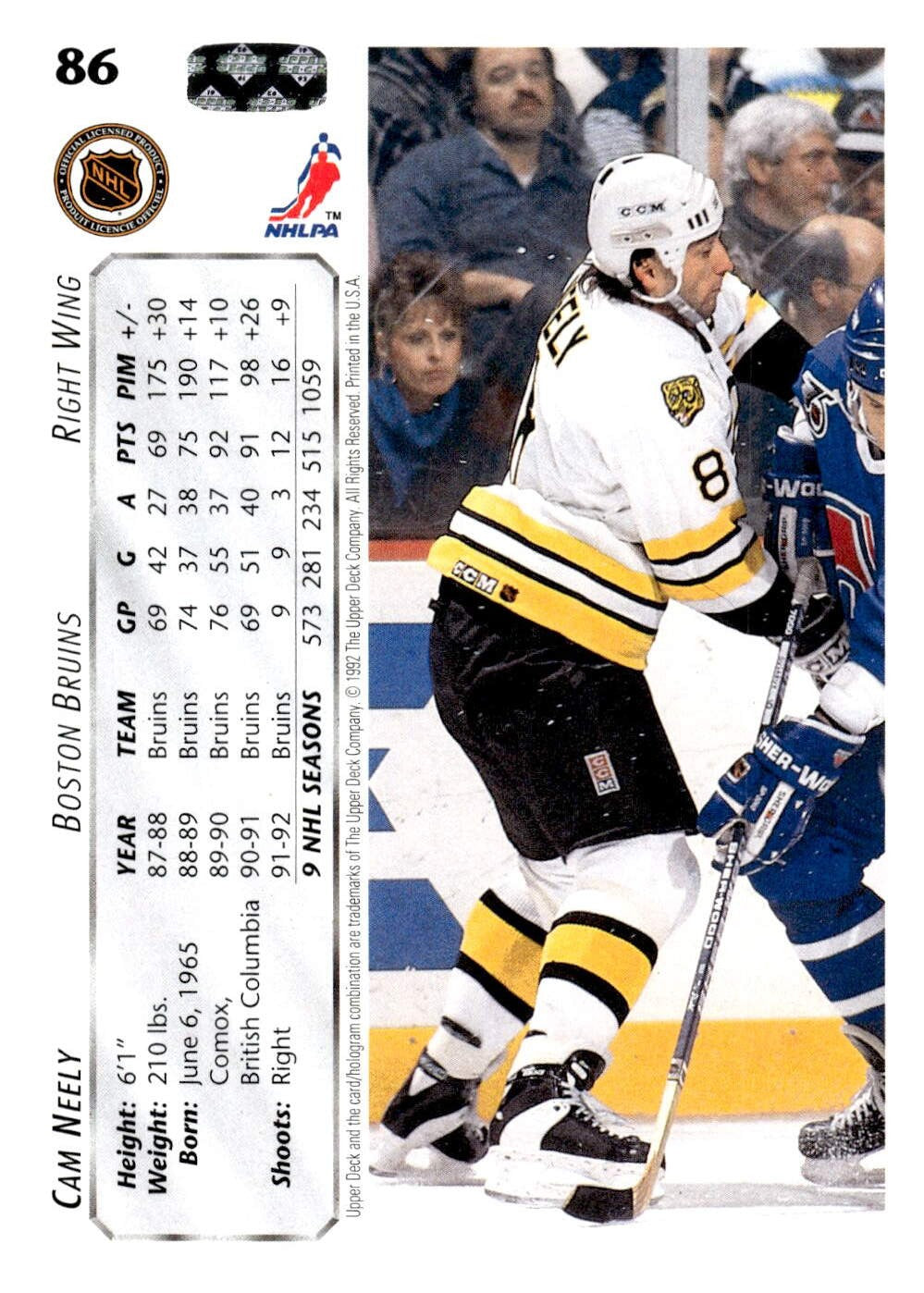 1992-93 Upper Deck #86 Cam Neely Upper Deck Hockey Boston Bruins