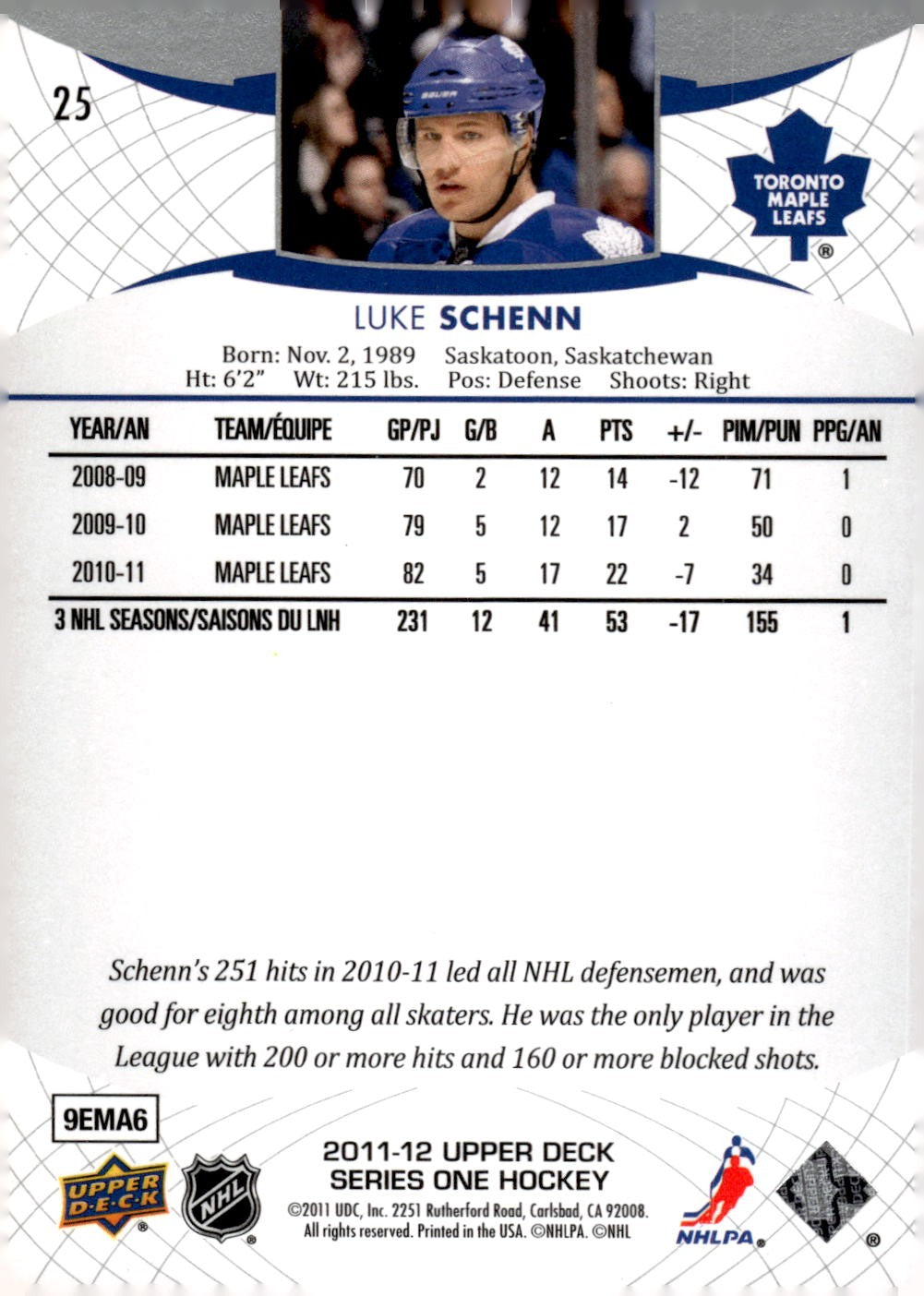 2011-12 Upper Deck #25 Luke Schenn Hockey Toronto Maple Leafs