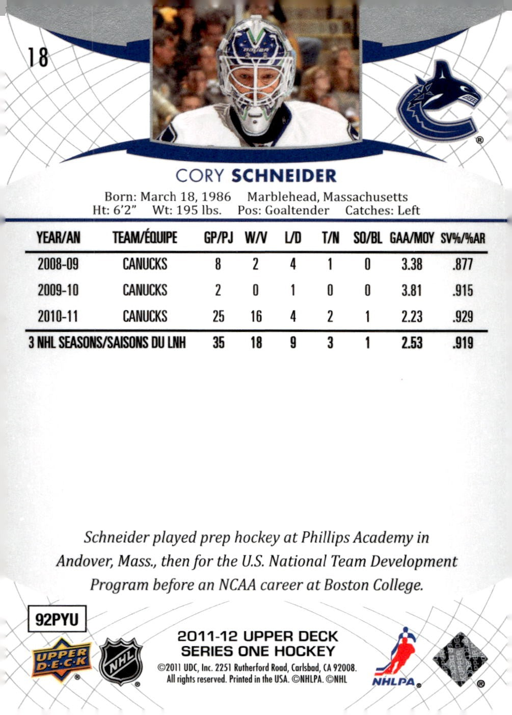 2011-12 Upper Deck #18 Cory Schneider Hockey Vancouver Canucks