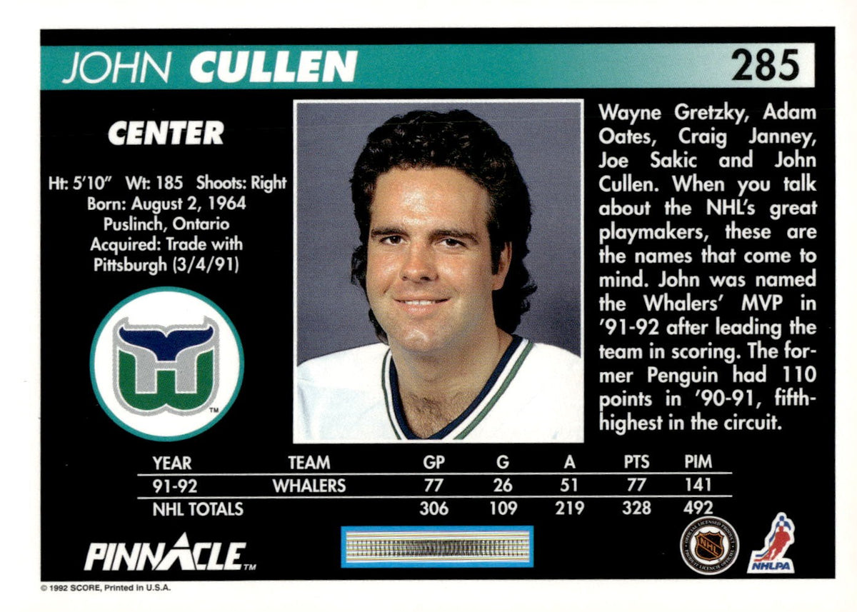 1992-93 Pinnacle #285 John Cullen Hockey Hartford Whalers