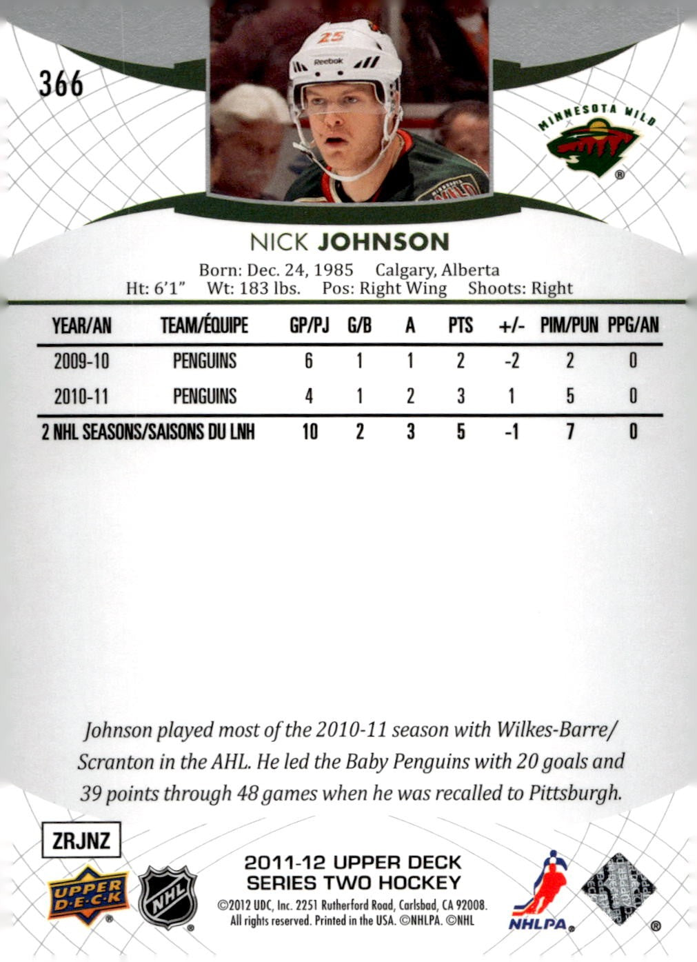 2011-12 Upper Deck #366 Nick Johnson Hockey Minnesota Wild