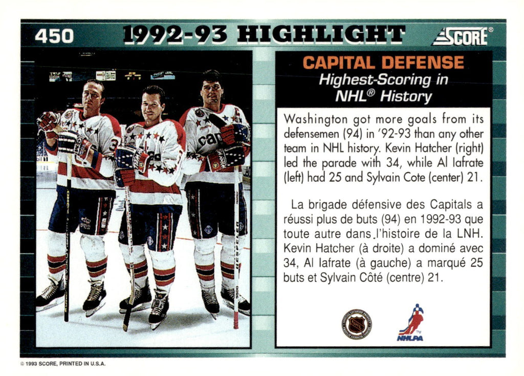 1993-94 Score #450 Al Iafrate/Sylvain Cote/Kevin Hatcher Washington Capitals