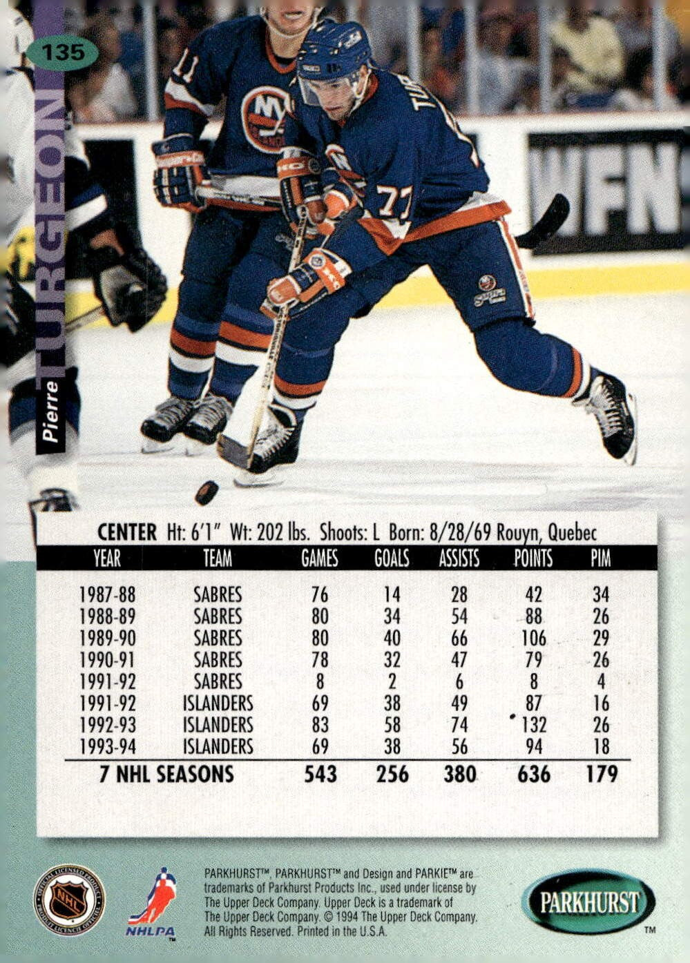 1994-95 Parkhurst #135 Pierre Turgeon Hockey New York Islanders