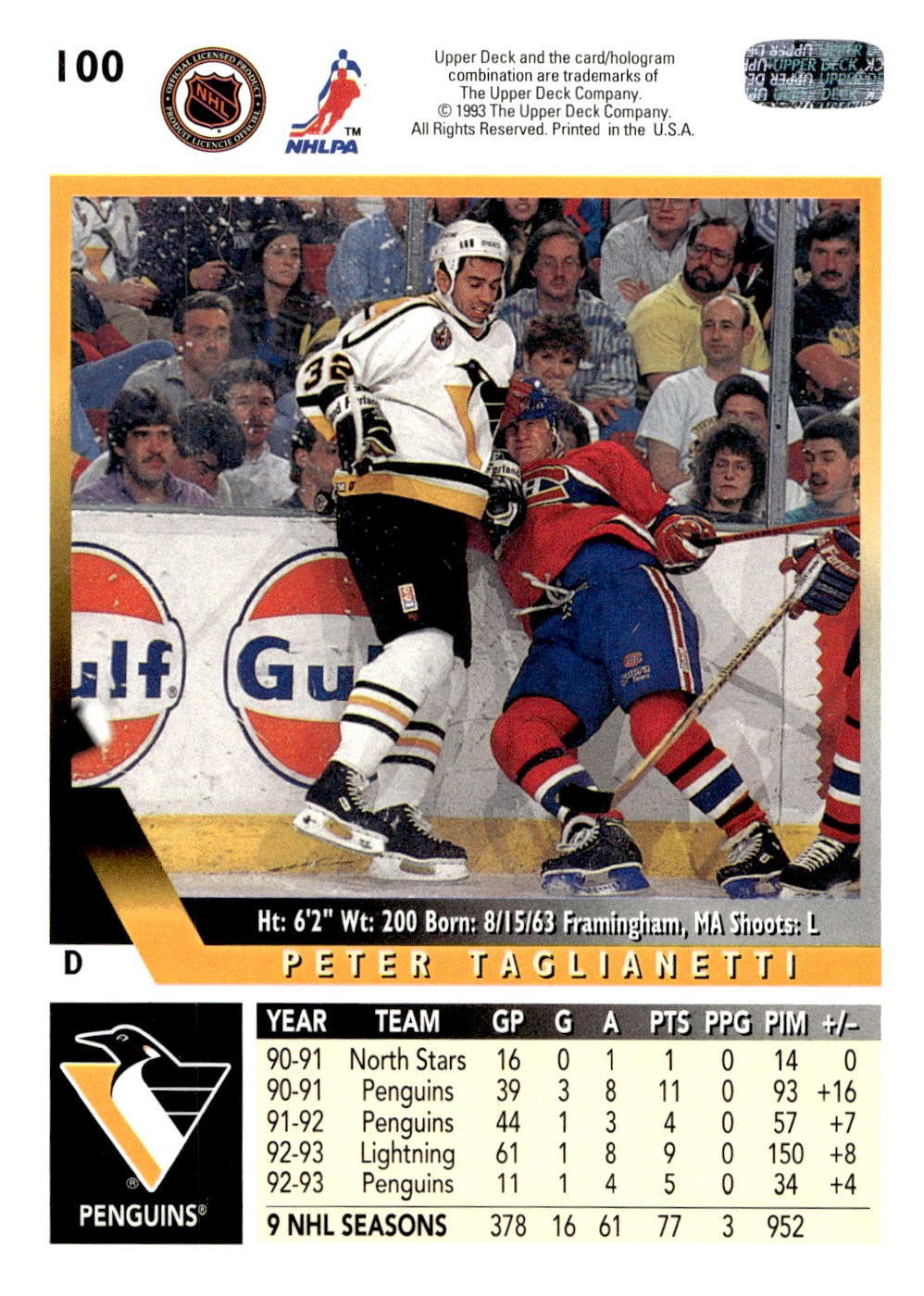 1993-94 Upper Deck #100 Peter Taglianetti Hockey Pittsburgh Penguins