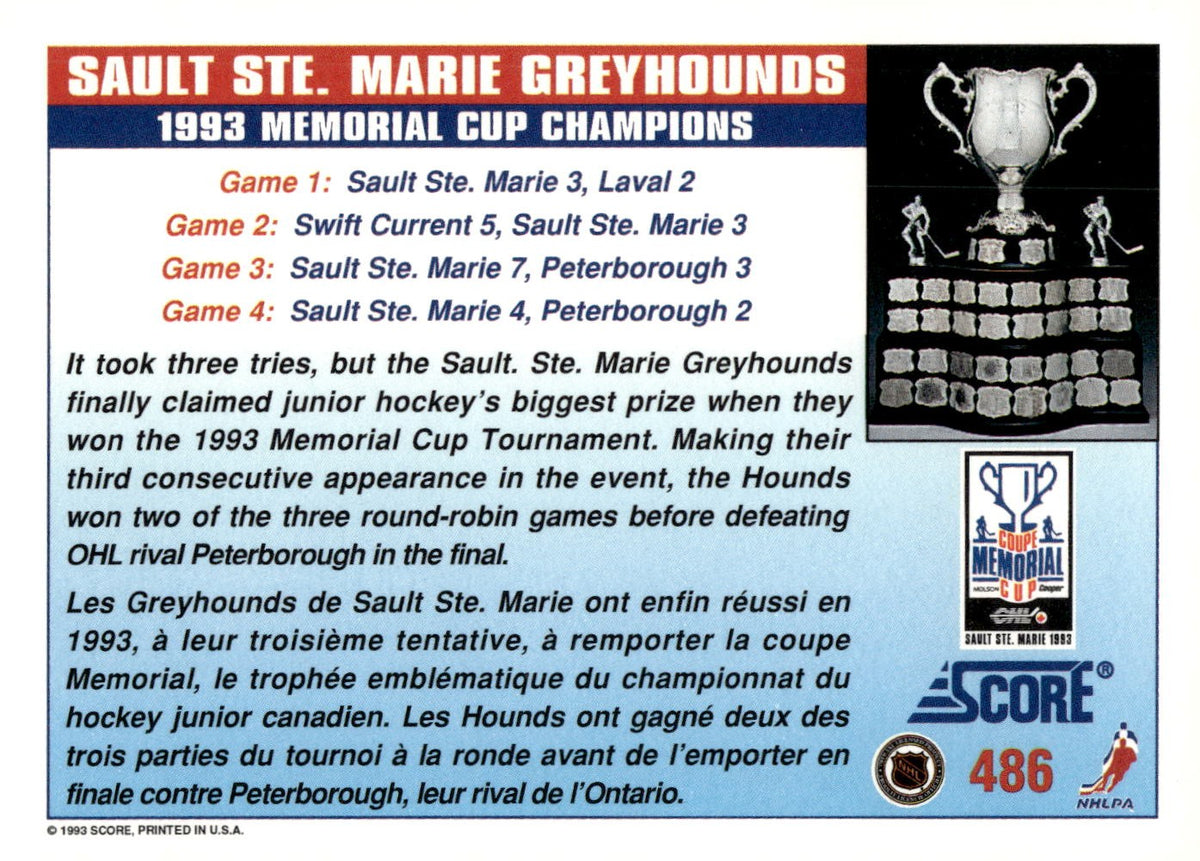 1993-94 Score #486 Memorial Cup Champions Sault Ste. Marie Greyhounds