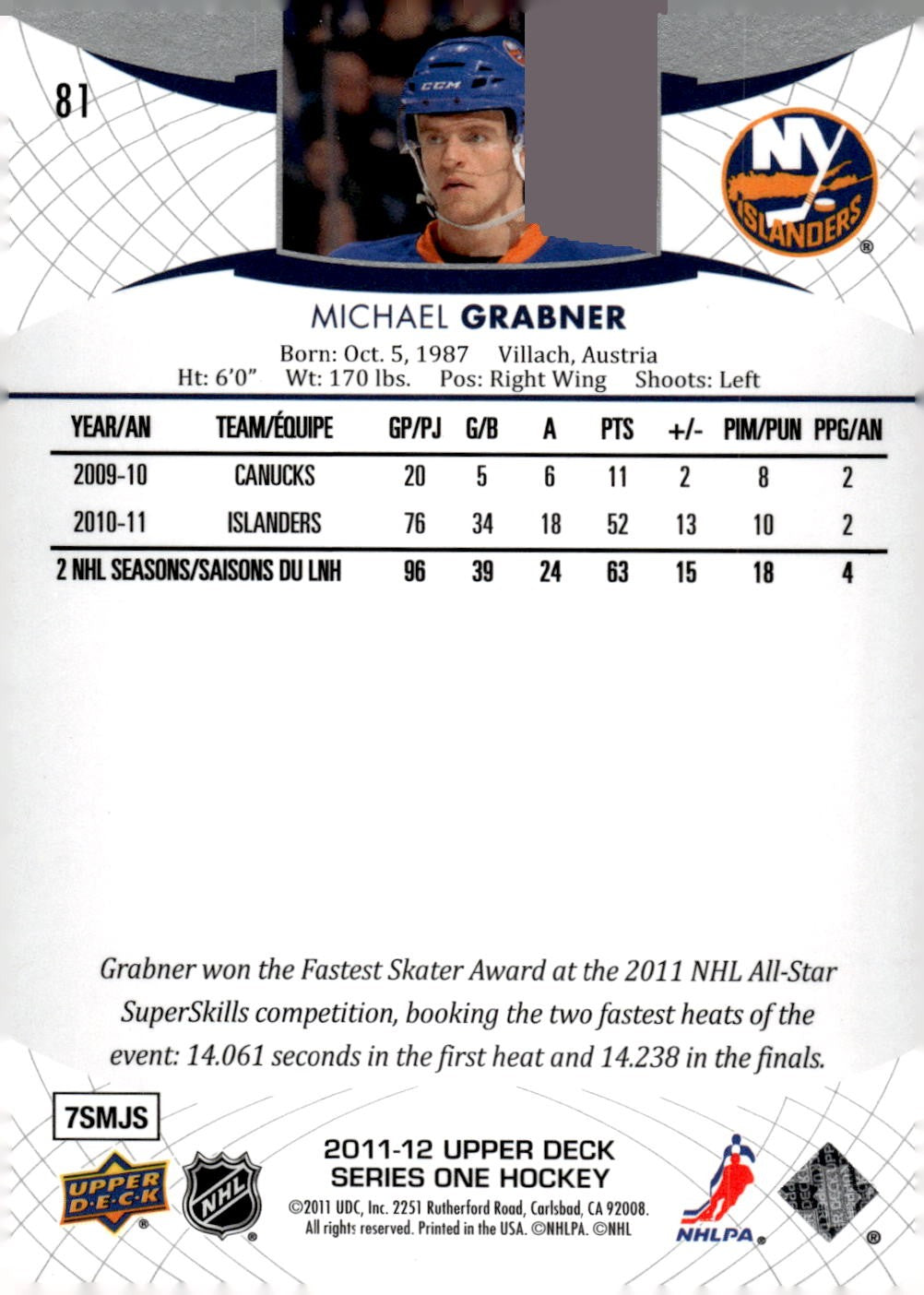 2011-12 Upper Deck #81 Michael Grabner Hockey New York Islanders