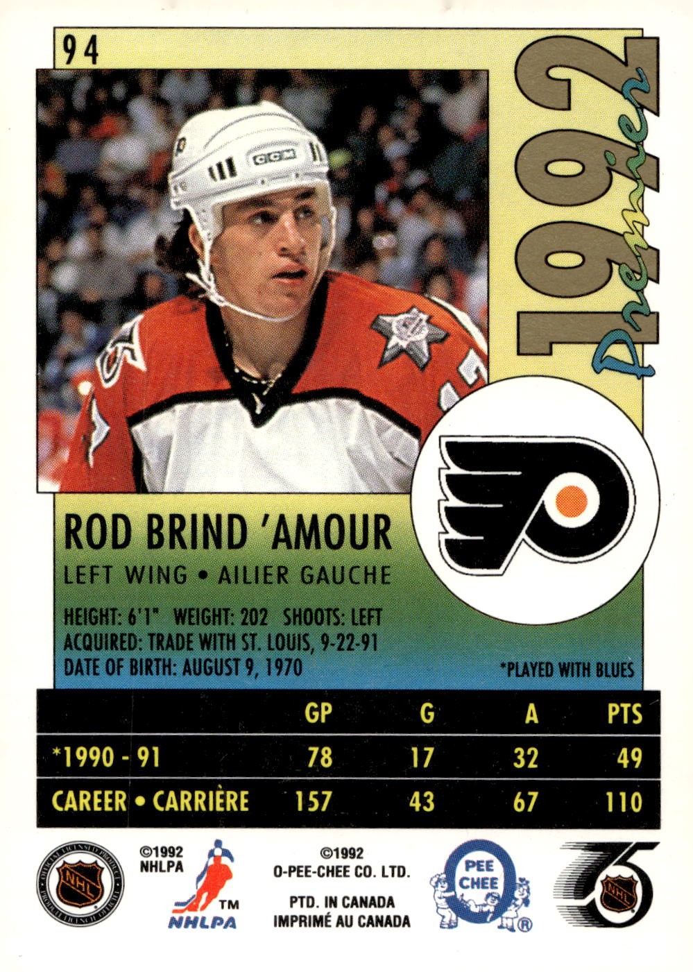 1991-92 O-Pee-Chee Premier #94 Rod Brind'Amour Hockey Philadelphia Flyers