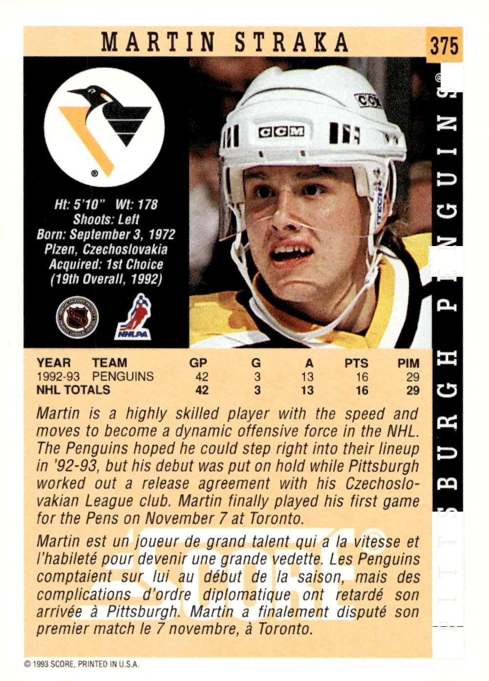 1993-94 Score #375 Martin Straka Hockey Pittsburgh Penguins
