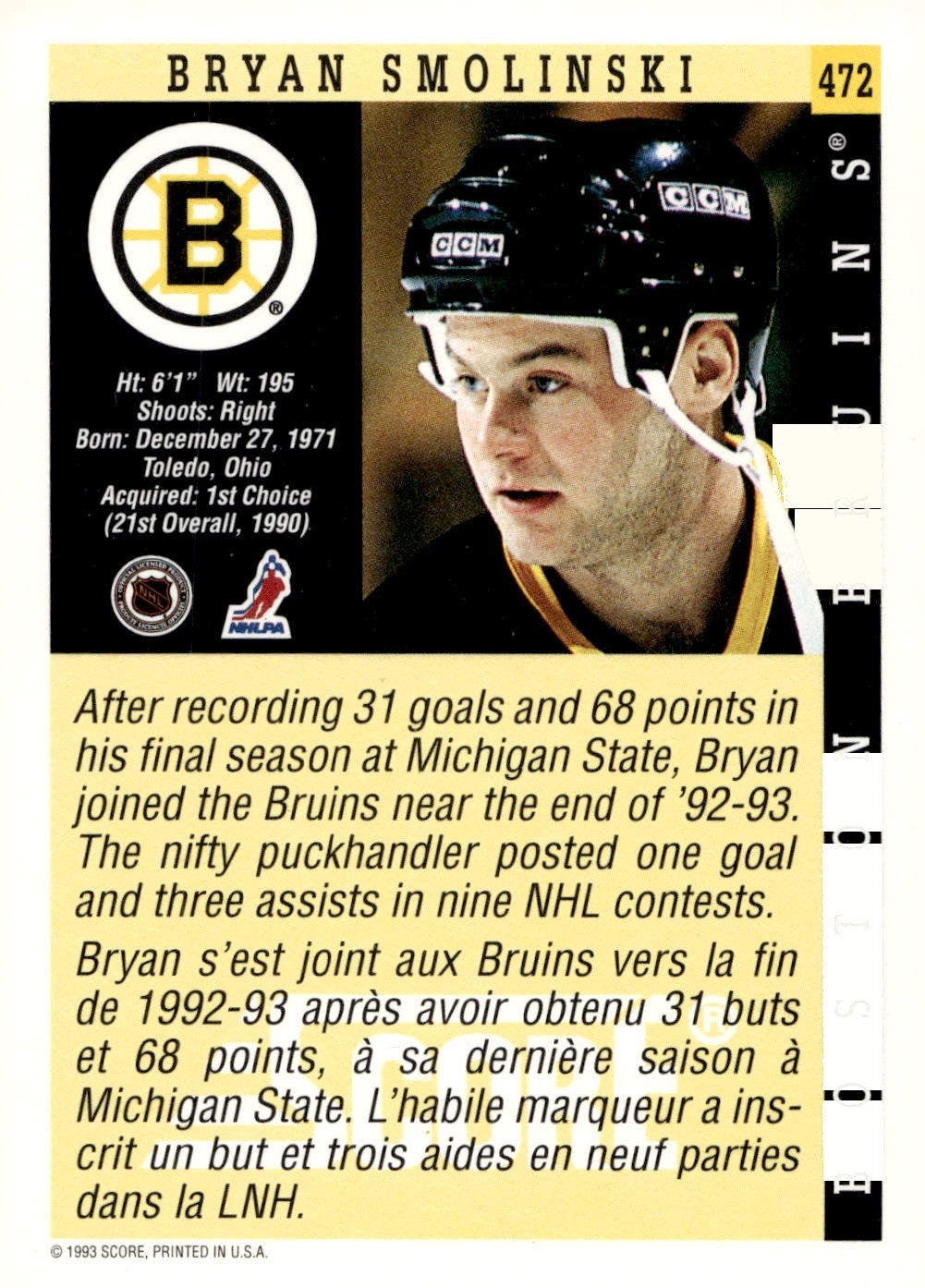 1993-94 Score Canadian #472 Bryan Smolinski Hockey Boston Bruins