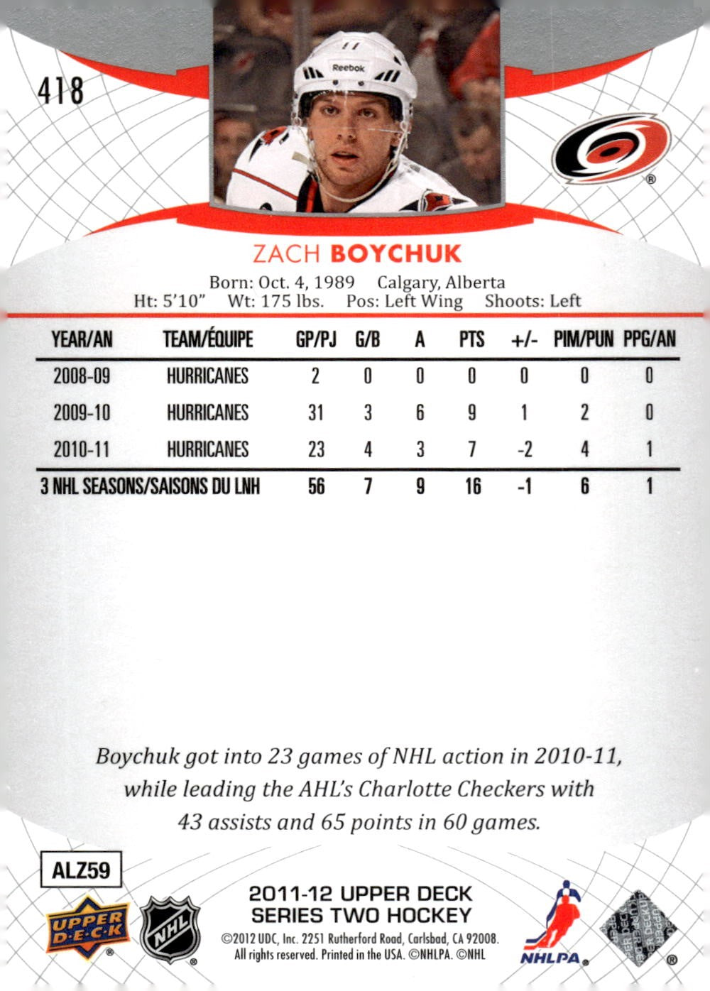 2011-12 Upper Deck #418 Zach Boychuk Hockey Carolina Hurricanes