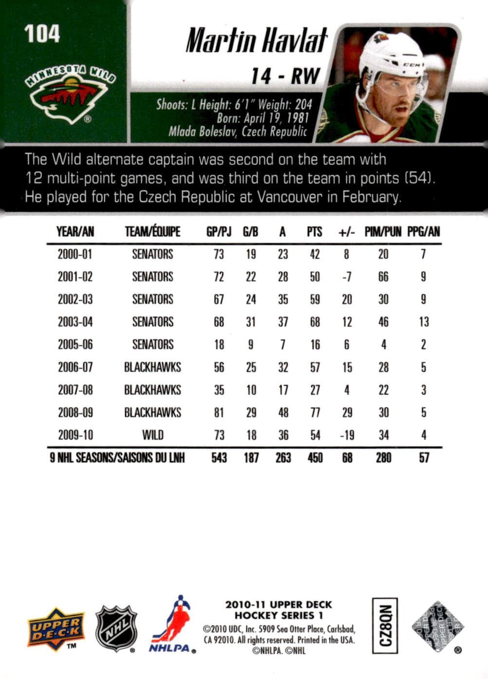 2010-11 Upper Deck #104 Martin Havlat Hockey Minnesota Wild