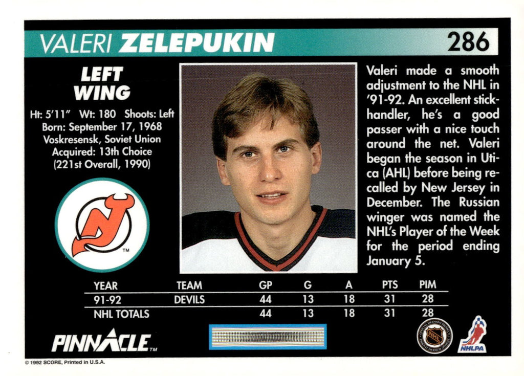 1992-93 Pinnacle #286 Valeri Zelepukin Hockey New Jersey Devils