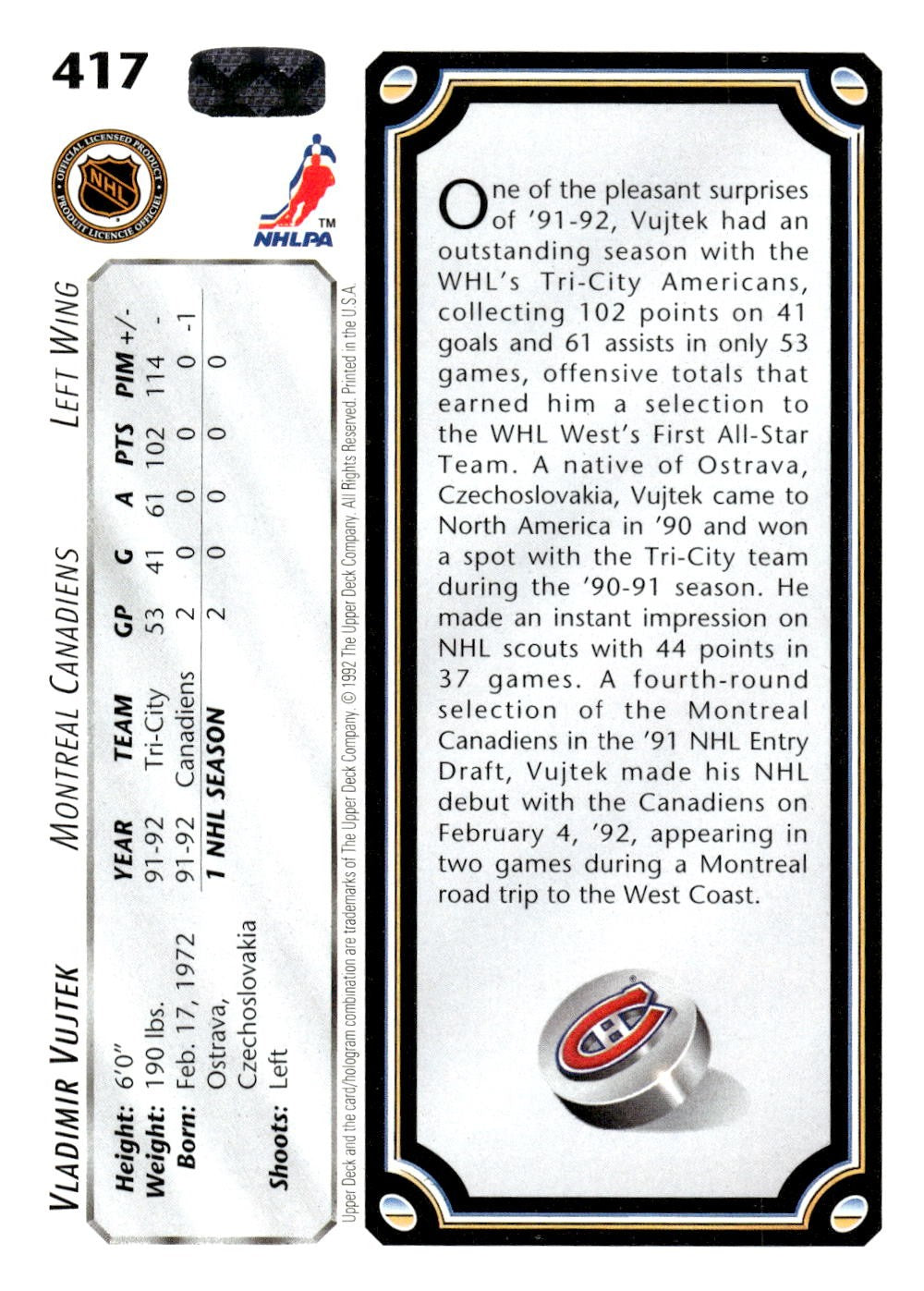1992-93 Upper Deck #417 Vladimir Vujtek Hockey Montreal Canadiens
