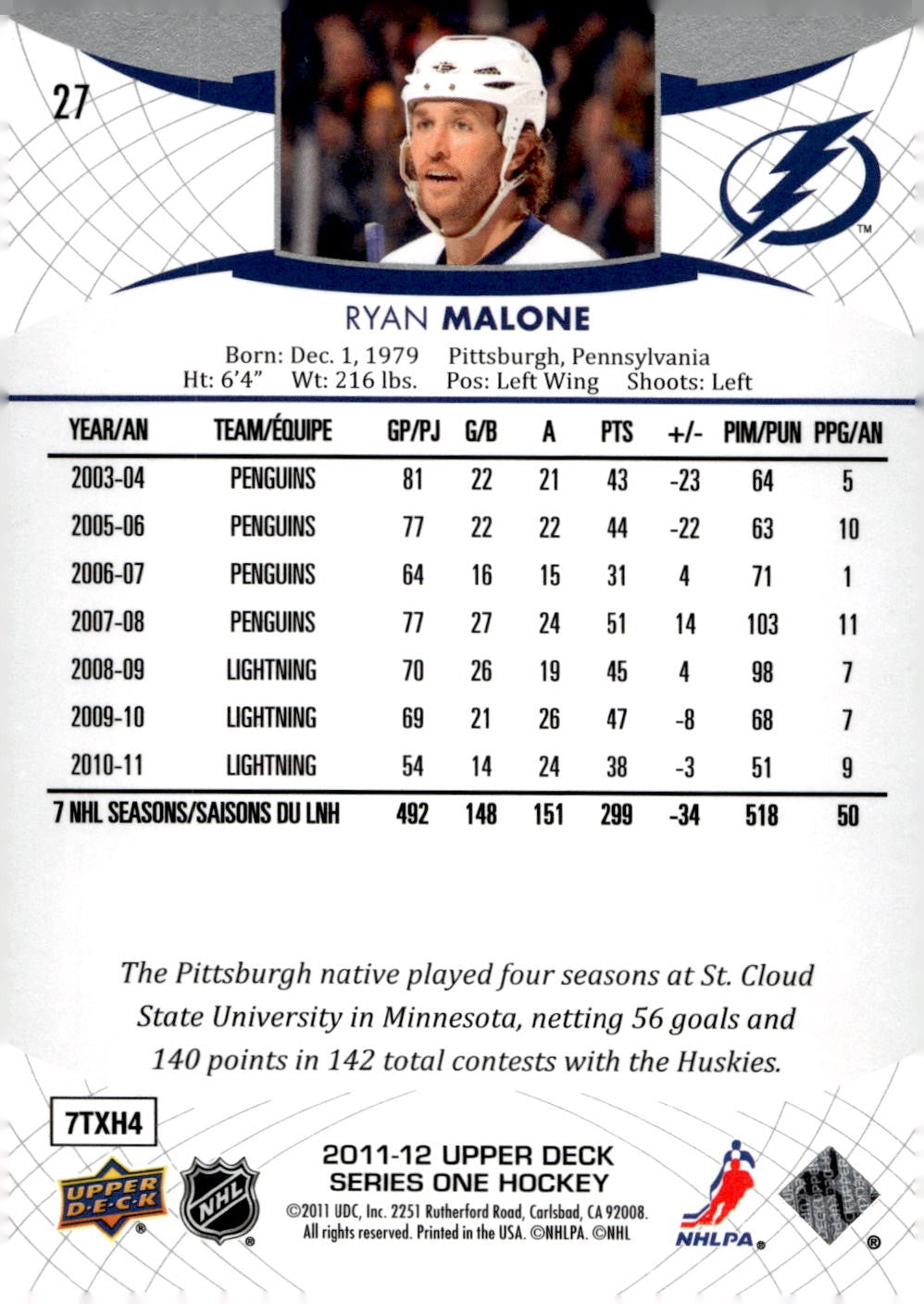 2011-12 Upper Deck #27 Ryan Malone Hockey Tampa Bay Lightning