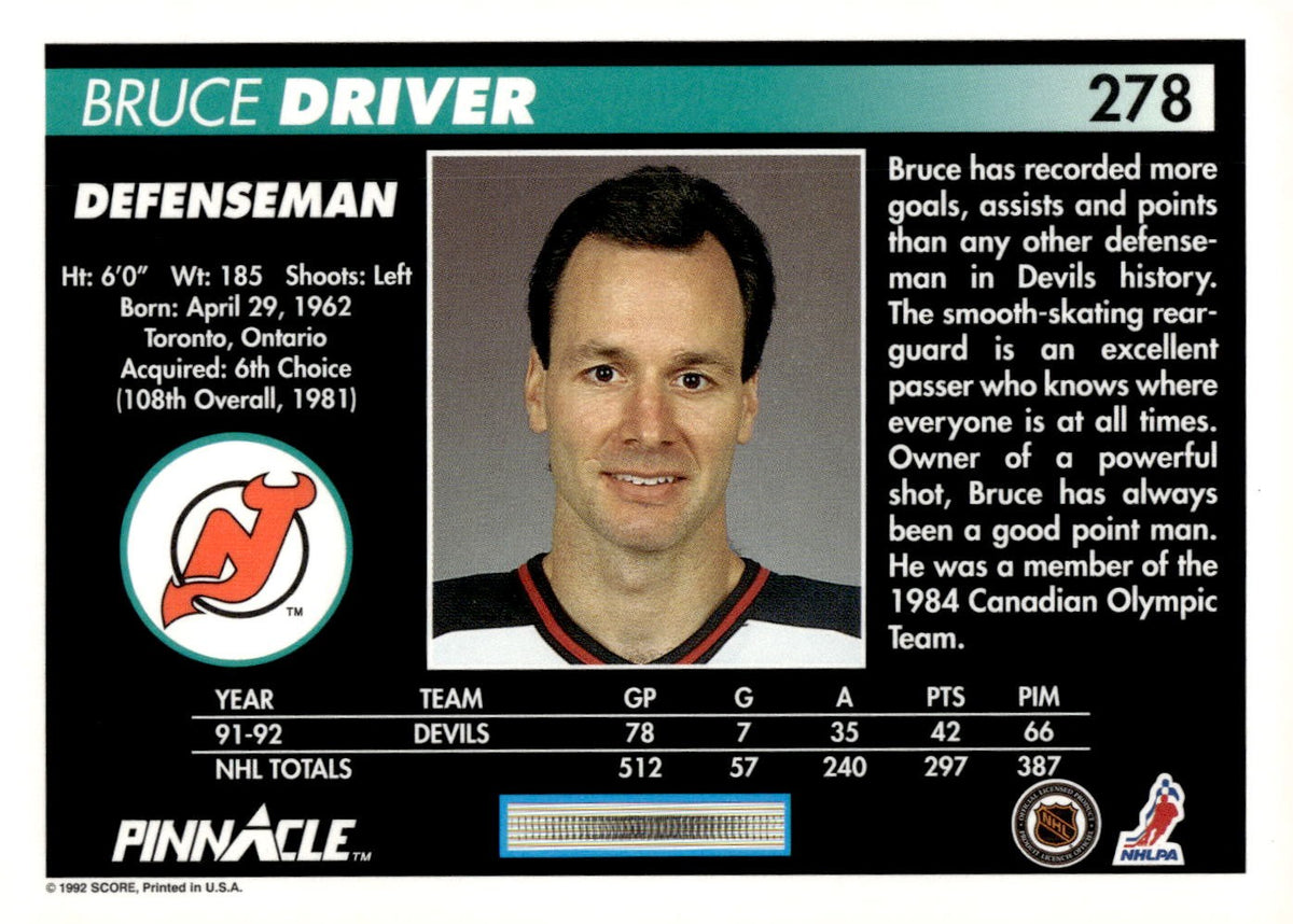 1992-93 Pinnacle #278 Bruce Driver Hockey New Jersey Devils
