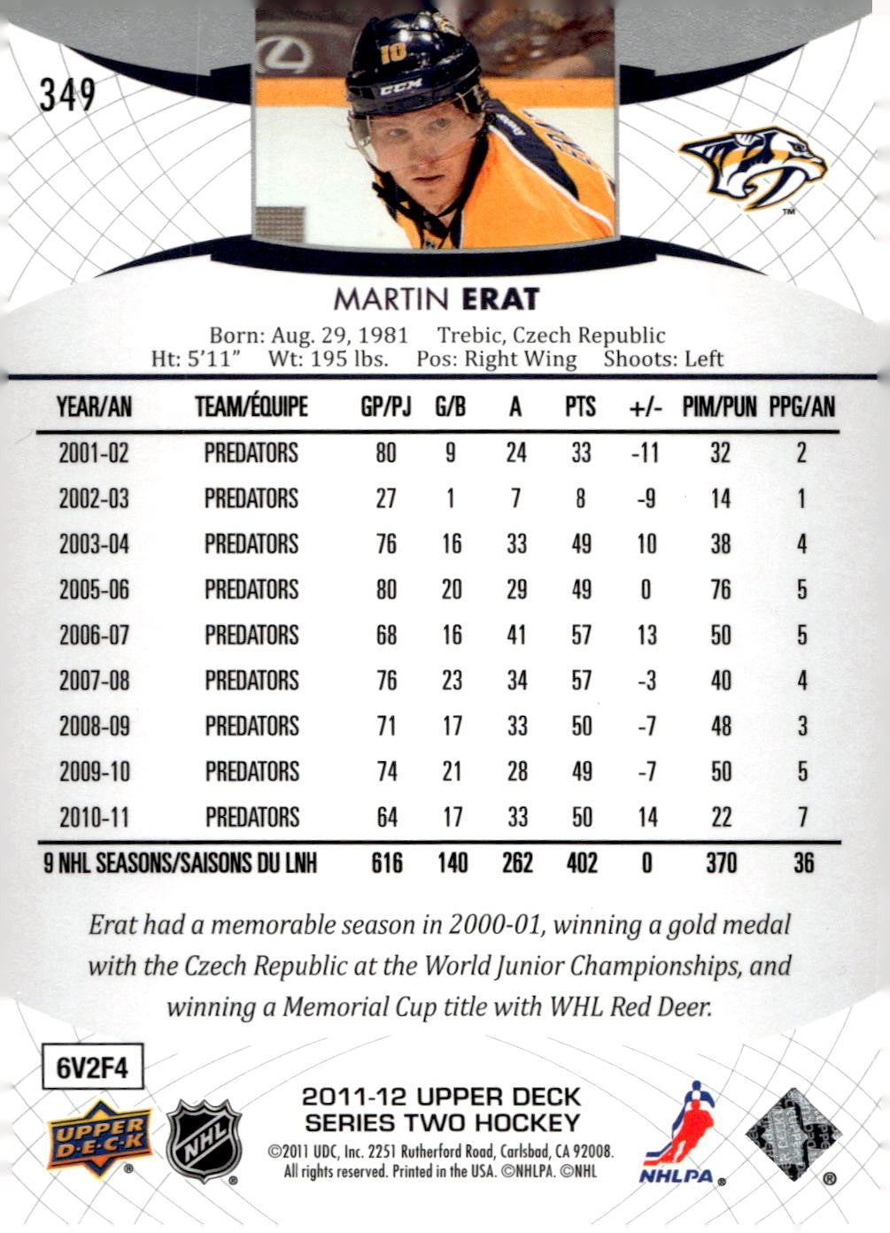2011-12 Upper Deck #349 Martin Erat Hockey Nashville Predators