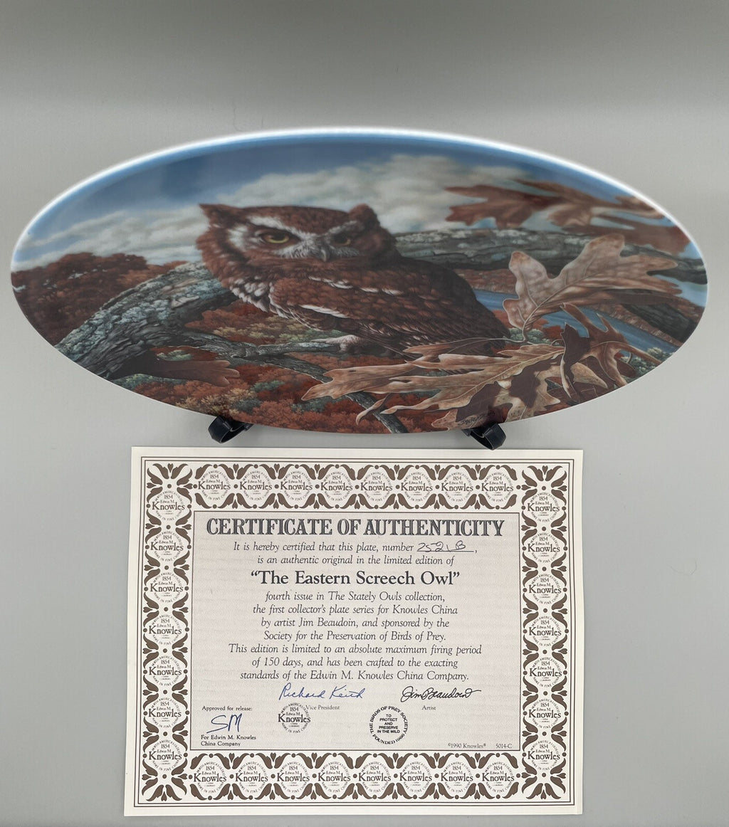 Knowles Collector Plate - Stately Owl #4 "Eastern Screech Owl" Jim Beaudoin 1990