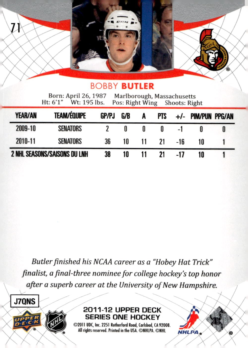 2011-12 Upper Deck #71 Bobby Butler Hockey Ottawa Senators