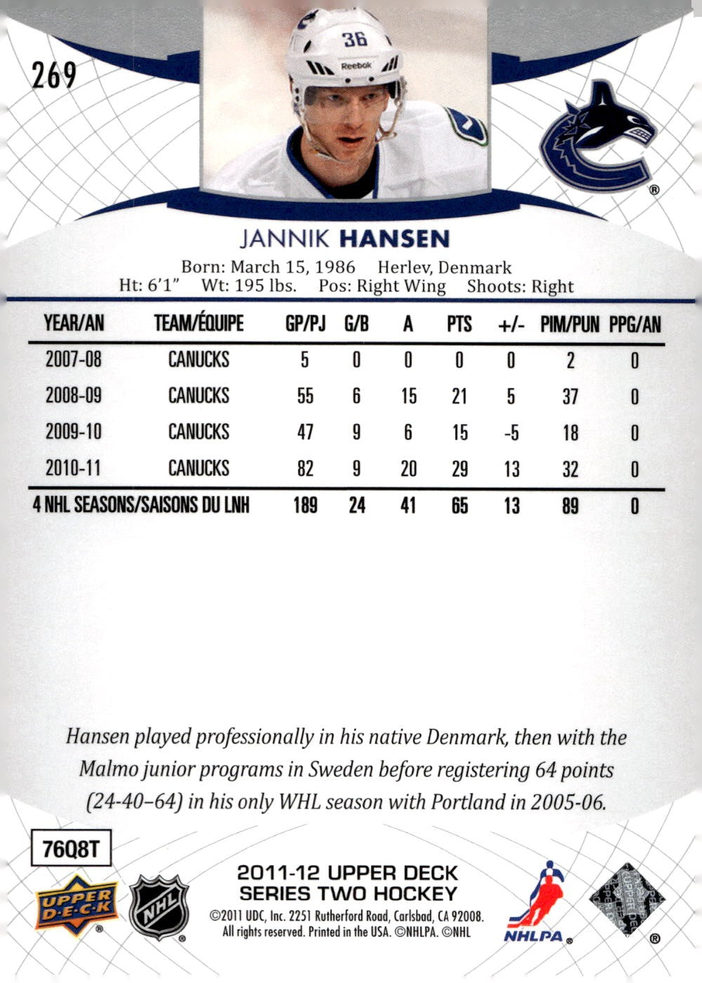 2011-12 Upper Deck #269 Jannik Hansen Hockey Vancouver Canucks
