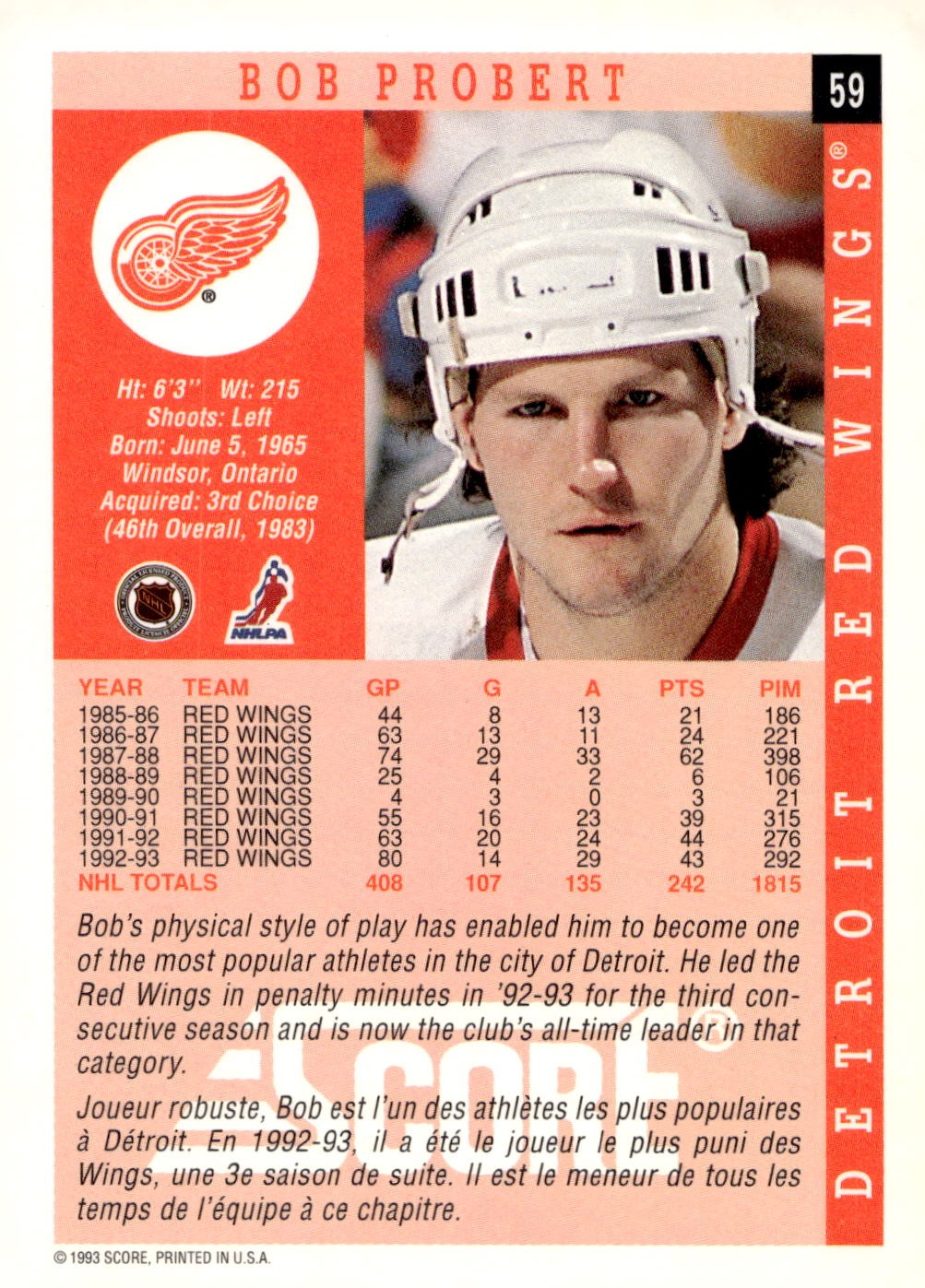 1993-94 Score #59 Bob Probert Hockey Detroit Red Wings