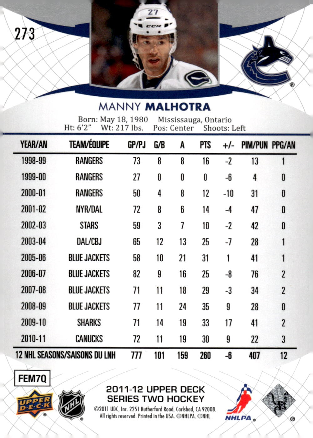 2011-12 Upper Deck #273 Manny Malhotra Hockey Vancouver Canucks