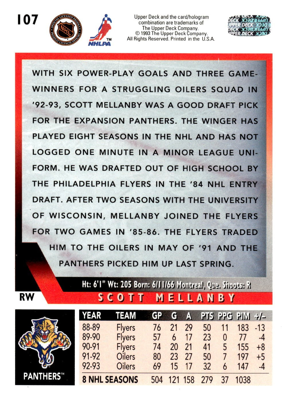 1993-94 Upper Deck #107 Scott Mellanby Hockey Florida Panthers
