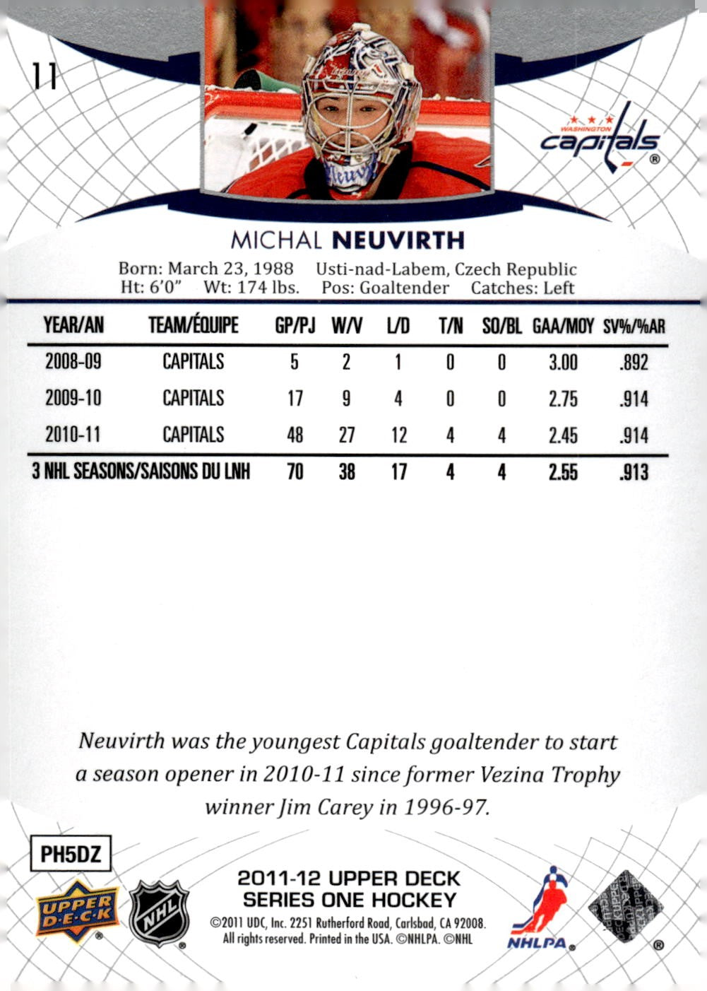 2011-12 Upper Deck #11 Michal Neuvirth Hockey Washington Capitals
