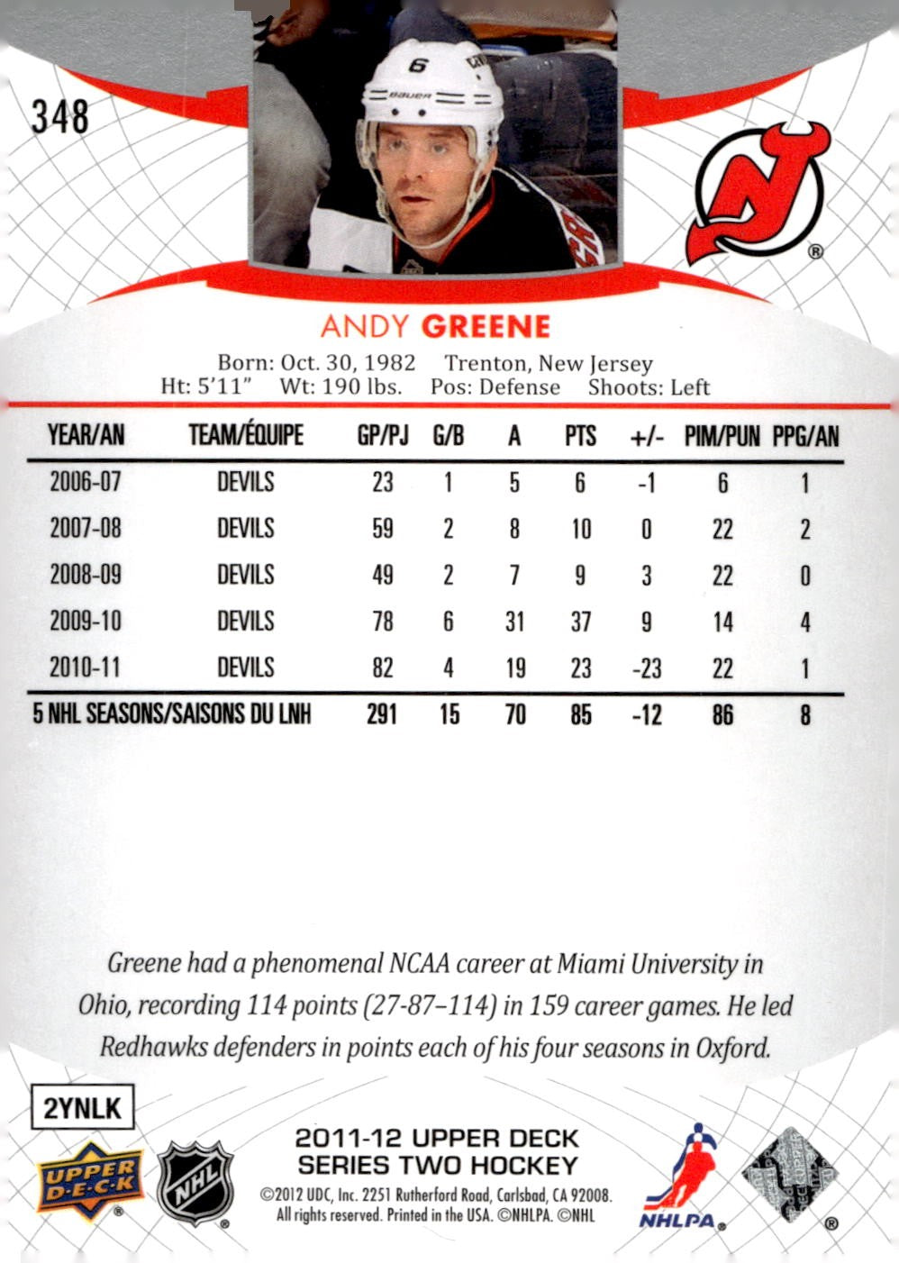 2011-12 Upper Deck #348 Andy Greene Hockey New Jersey Devils