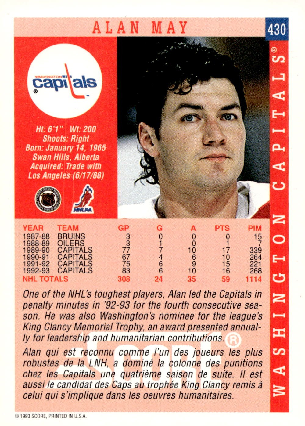 1993-94 Score Canadian #430 Alan May Hockey Washington Capitals